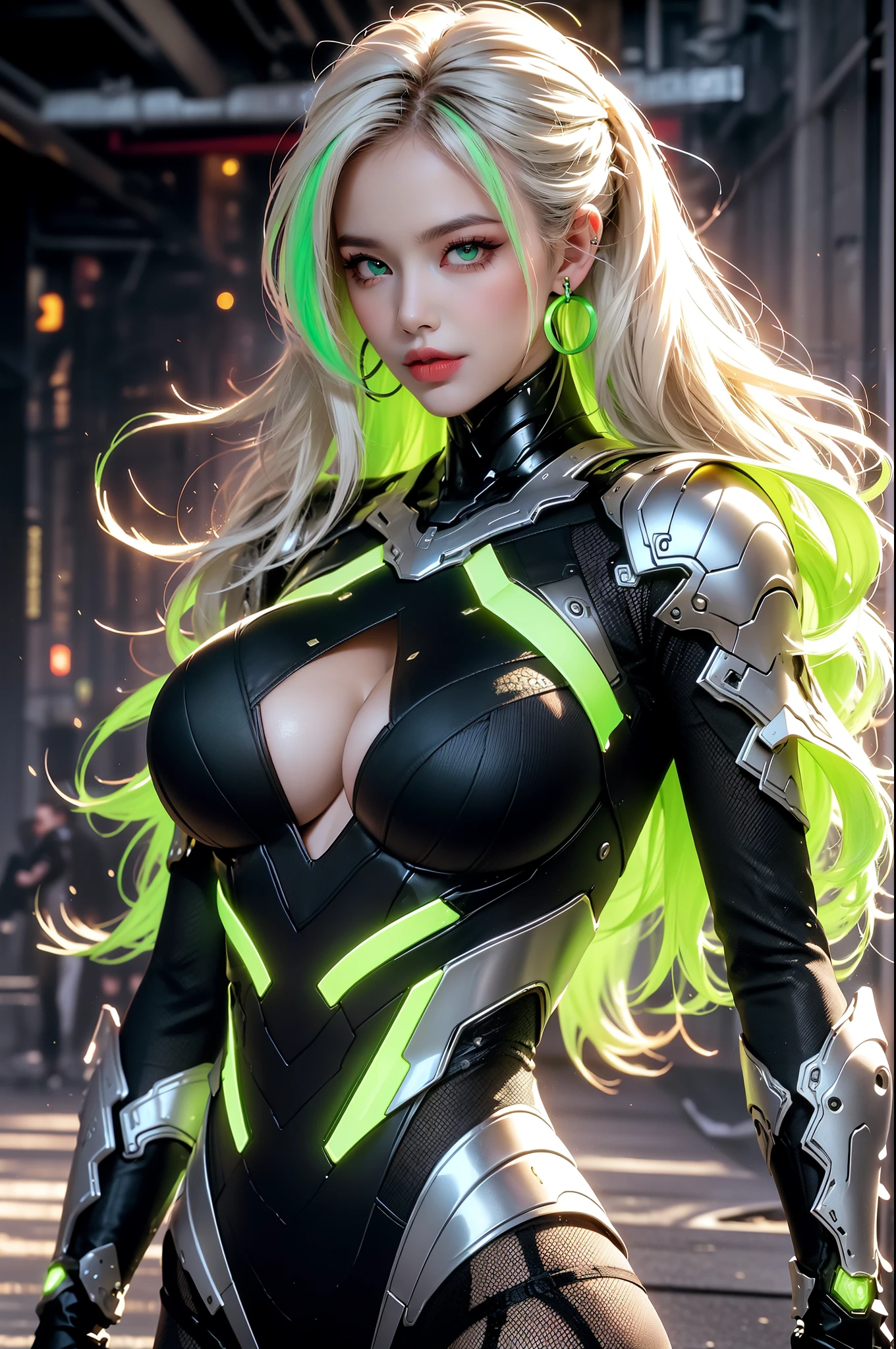 (masterpiece), best quality, expressive eyes, perfect face, beautiful details face, beautiful round eyes, full body, A beautiful mature woman in cyber armour suit shows her Extremely busty and attractive breasts, (arrogant face), (light green hair), (twintails, expressive hair, shiny hair, glowing hair, multicolored hair, gradient hair, colored inner hair, straight hair, medium long hair), fair skin, (beautiful detailed full bodysuit:1.3), full body cyber armour, glowing and shining armour, silver and green cyber armour, (Edge lights:1.4), (silver and green colour scheme:1.3), neon light on armor, beautiful details eyes, (emerald eyes:1.3), (glowing eyes:1.2), (Gigantic saggy breasts:1.6), tight breasts, thick body, (well accentuated curves), pink lips, (silver nails), mascara, Long eyelashes, eyeliners, (Extremely wide well defined hips:1.3), (beautiful massive thick thighs:1.3), has a tall slender figure, (Extremely detailed skin texture:1.2), beautiful detailed realistic muscle definition, golden lights that shimmer, high detailed eyes, ultra-high quality model, proportionate, intense colouration fantasy, (background fantasy floating cyber city), green and gold tetradic colours, random poses, earrings, (1girl), solo, shine