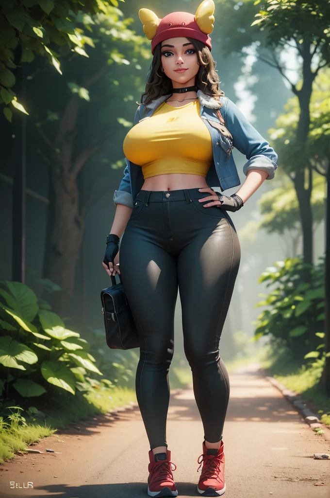 (8k, best quality, masterpiece:1.2), (realistic, photo-realistic:1.37), ultra-detailed, 1 girl,cute, solo, ,beautiful detailed blue eyes, medium wavy hair, standing in a jungle, , smiling, looking at viewer, ,light brown hair, black lips, black lipstick, full body view, , whole body shot, red hat, , , nsfw, choker, yellow shirt, denim jacket, dark long leggings, black fingerless gloves, red sneakers, big breasts