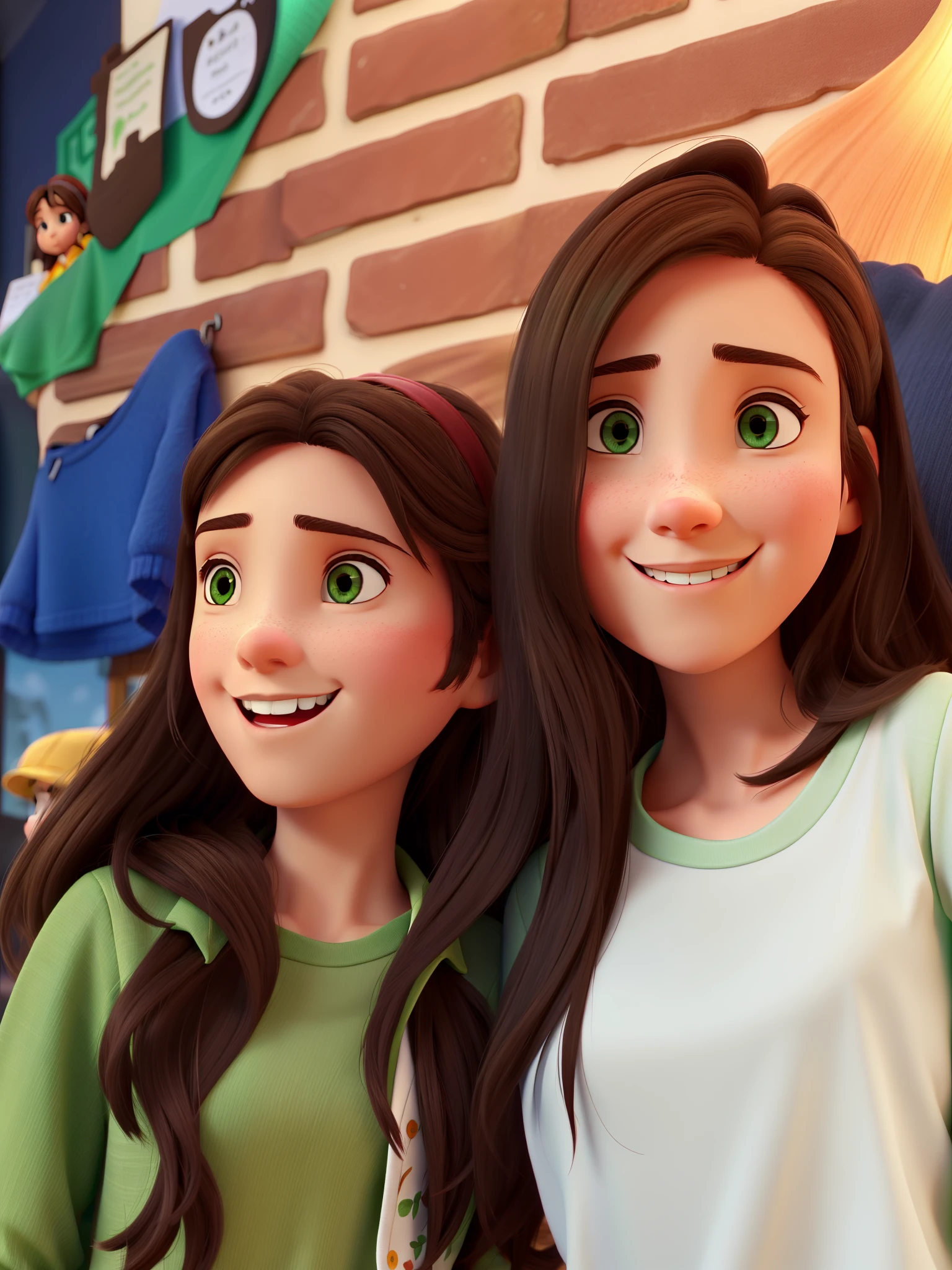 Dos chicas en una foto. Girl left green shirt straight brown hair. Girl standing white top straight brown hair. Mejor calidad, estilo Disney pixar.