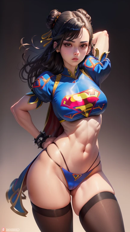 (best quality, master part, absurdos)), 1girl(Supergirl), (black hair), (corpo inteiro), (com dois coque) ( seios grande), Athletic body, 20 anos, corpo definido, expressivos e olhos azuis, nu, peito enorme, quadris largos, heroic pose