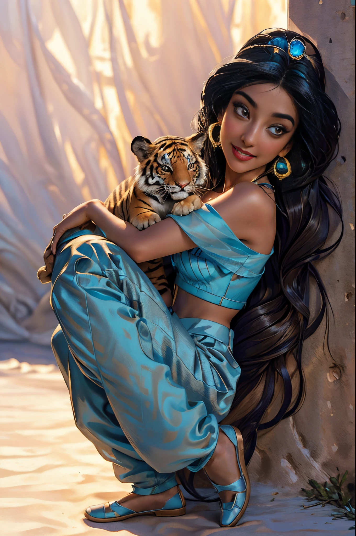 jasmine  holding 1 cute tiger.1girl, solo, looking at viewer, smile, shirt, bare shoulders, jewelry, sitting, full body,Disney tiger pet, flower, earrings, pants, off shoulder, crop top, makeup, very adorable, cute, and lovable, Princess Jasmine, wearing princess clothes and as.-shoulder shirt (realistic:1.2), (realism), (masterpiece:1.2), (best quality), (ultra detailed), (8k, 4k, intricate),(full-body-shot:1), (85mm),light particles, lighting, (highly detailed:1.2),(detailed face:1.2), (gradients), sfw, colorful,(detailed eyes:1.2)(detailed background),detailed landscape, (dynamic angle:1.2), (dynamic pose:1.2), (rule of third_composition:1.3), (Line of action:1.2)