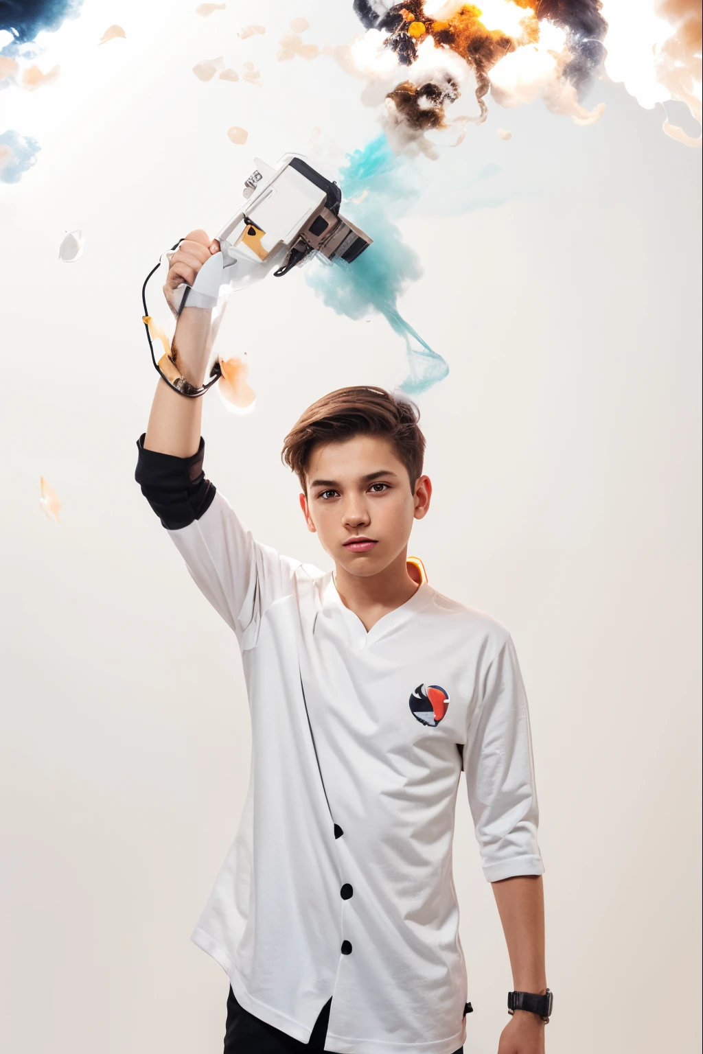 graphic design t-shirt, flat design, face of a boy in mix of tones, colorful tones, clean highly detailed, vector image, professional photography, smoke explosion, simple background, flat white background, bright vector ((white background) )