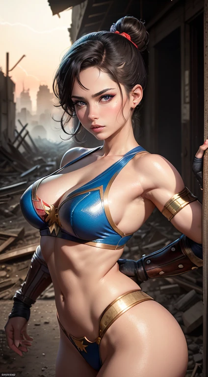 Chun li como Wonder Woman, DC Quadrinhos, (like two buns on the head) (foto corpo inteiro), Extremamente realista,8K mais detalhado.Motor irreal:1.4,UHD,melhor qualidade:1.4, fotorrealista:1.4, textura da pele:1.4, obra prima:1.8,obra-prima, melhor qualidade,Objeto de objeto], (detailed face features:1.3),(manos Detalhado:1.4),(Apocalyptic Destroyed City Al:1.4) pose sexy.