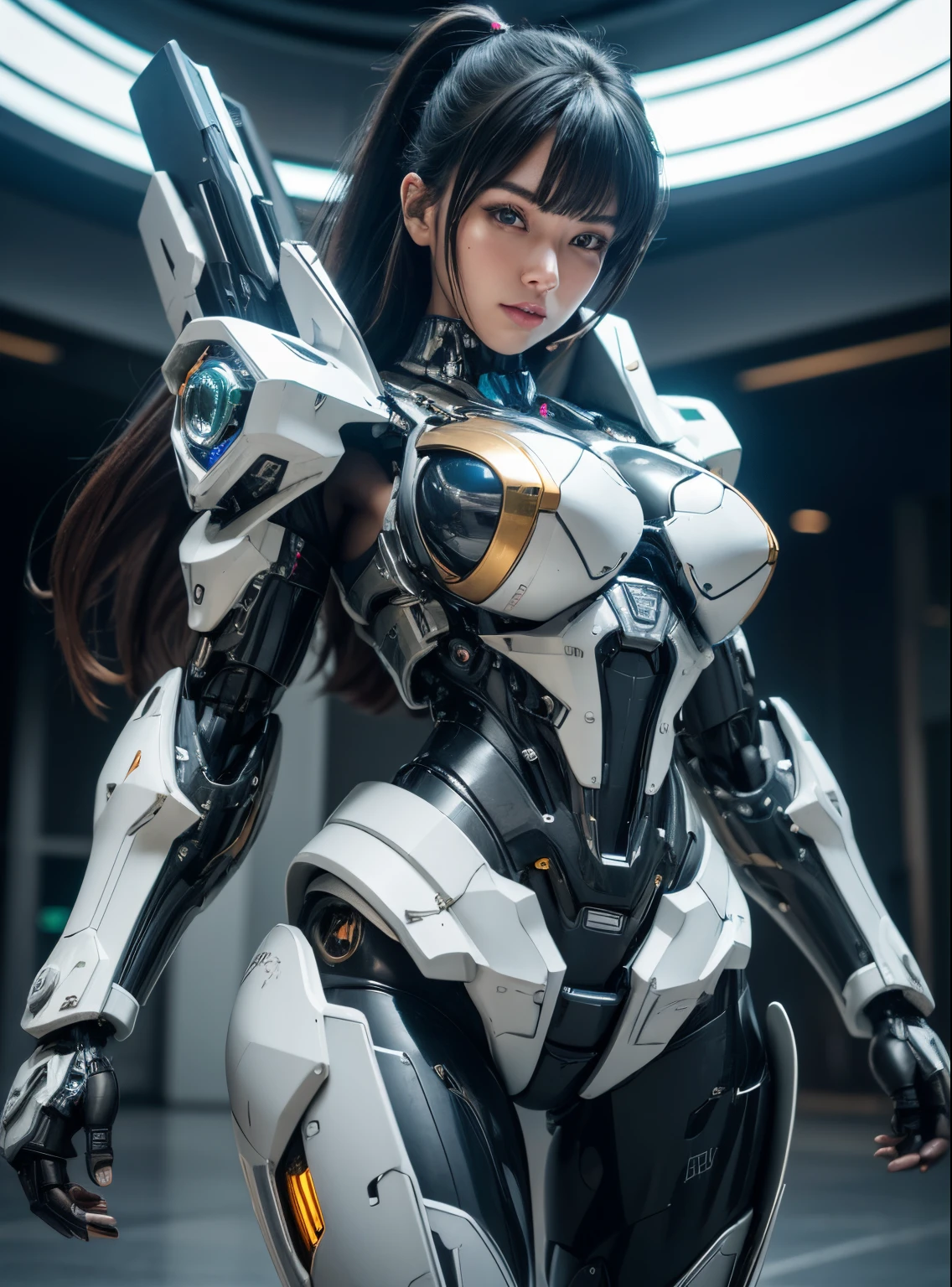 A woman in a futuristic suit holding a gun - SeaArt AI