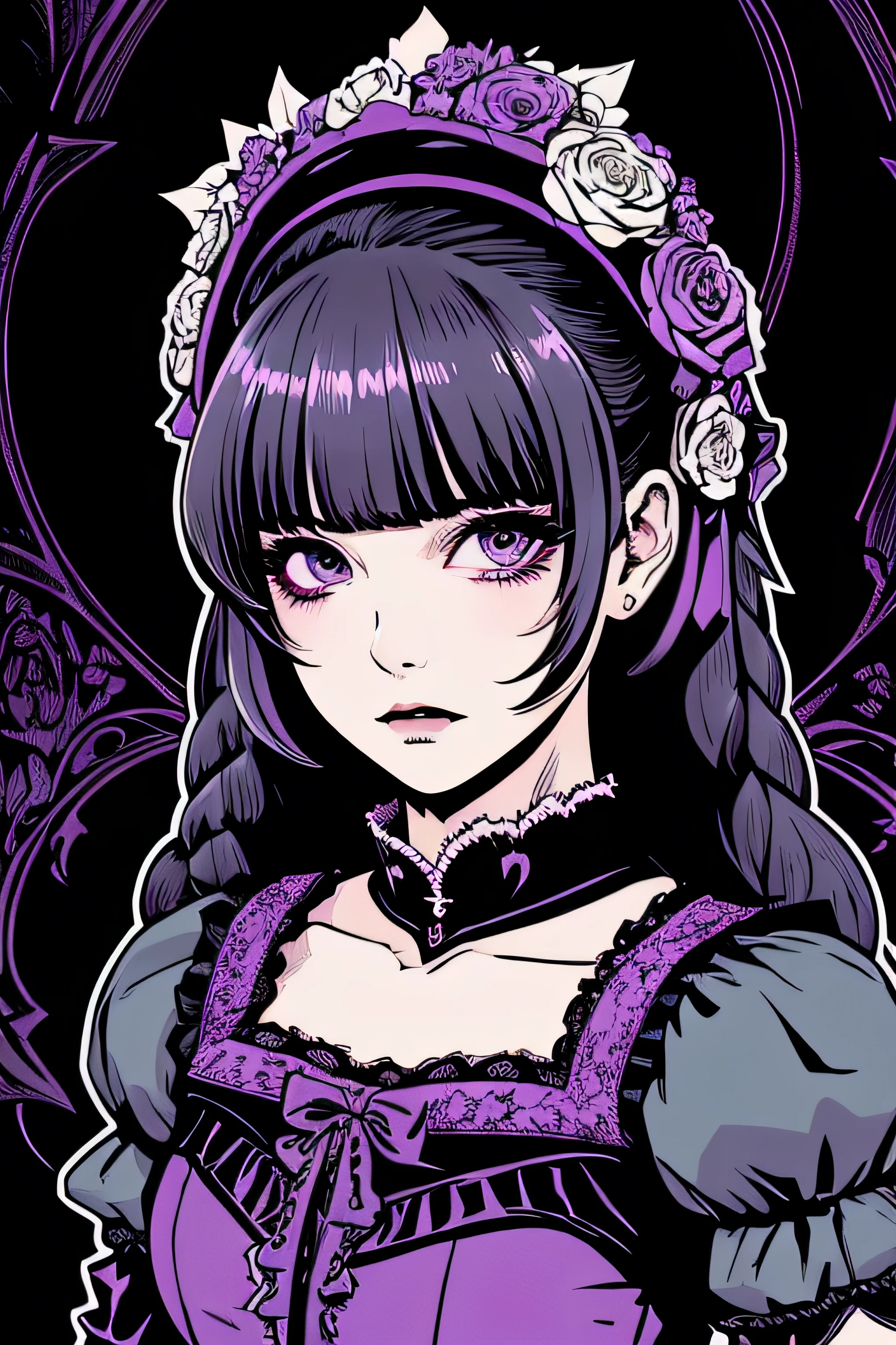 Beautiful Hardcore Illustration homepage illustration style, dark, high resolution, hard touch illustration, strong outline, two girls, gothic & lolita style, gothic & lolita fashion, 8k, American comic style, colorful background, Hiroyuki Nagasaka, aggressive, beautiful face, cool beauty, dress, beauty style, purple color, battle, Hard illustration, purple hear,