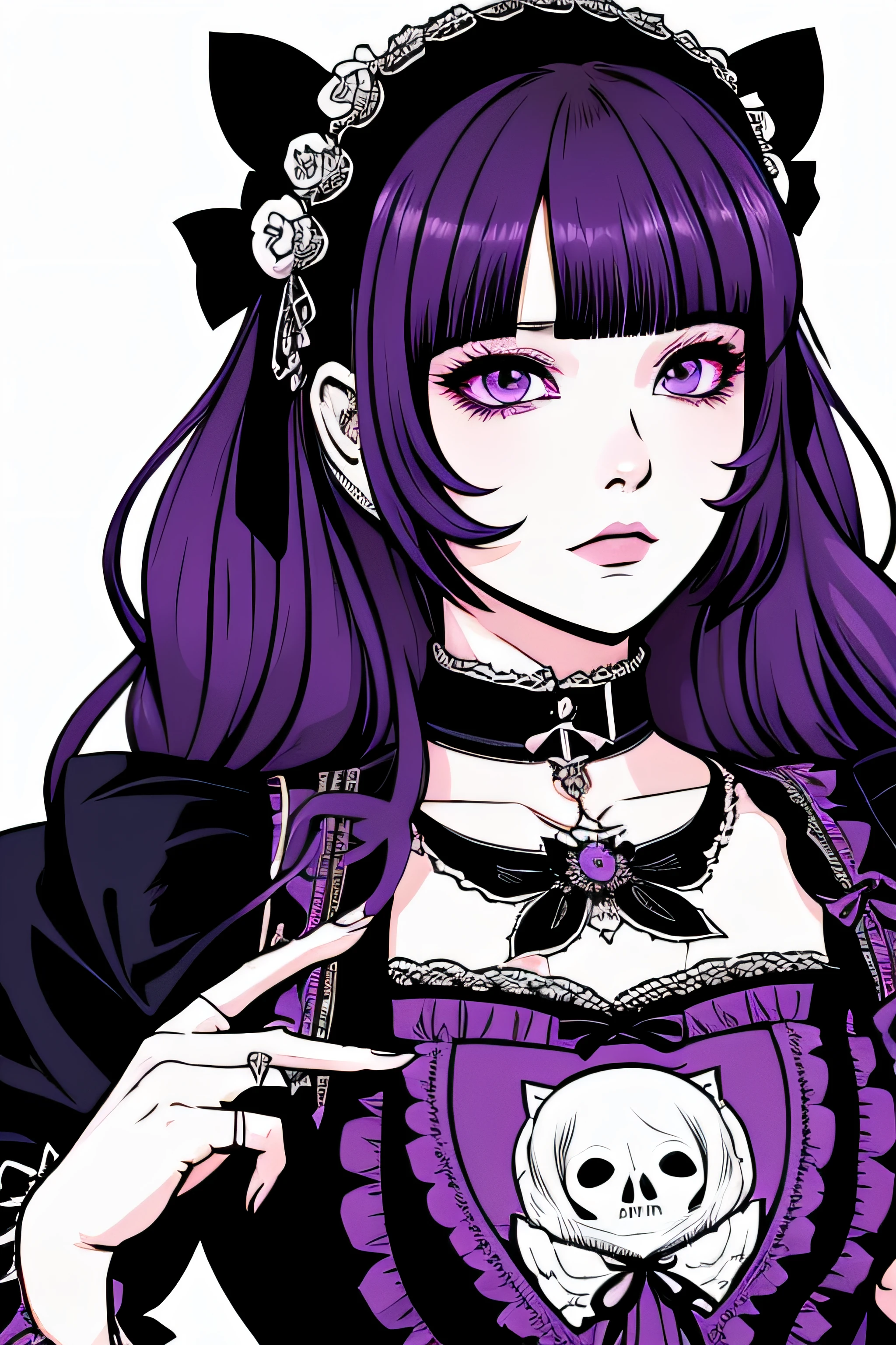 Beautiful Hardcore Illustration homepage illustration style, dark, high resolution, hard touch illustration, strong outline, two girls, gothic & lolita style, gothic & lolita fashion, 8k, American comic style, colorful background, Hiroyuki Nagasaka, aggressive, beautiful face, cool beauty, dress, beauty style, purple color, battle, Hard illustration, purple hear,