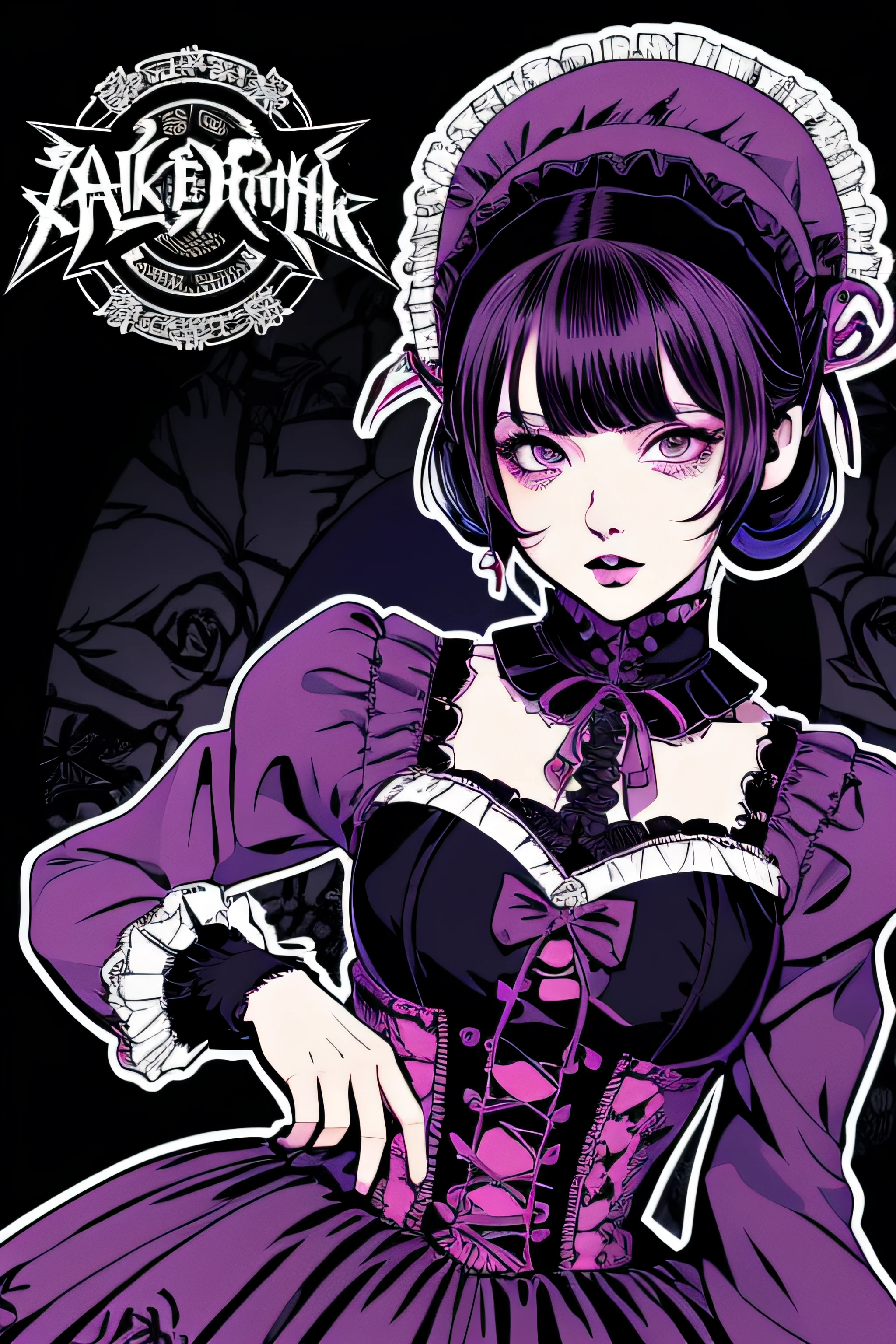 Beautiful Hardcore Illustration homepage illustration style, dark, high resolution, hard touch illustration, strong outline, two girls, gothic & ta style, gothic & loliashion, 8k, American comic style, colorful background, Hiroyuki Nagasaka, aggressive, beautiful face, cool beauty, dress, beauty style, purple color, battle, Hard illustration, purple hear,