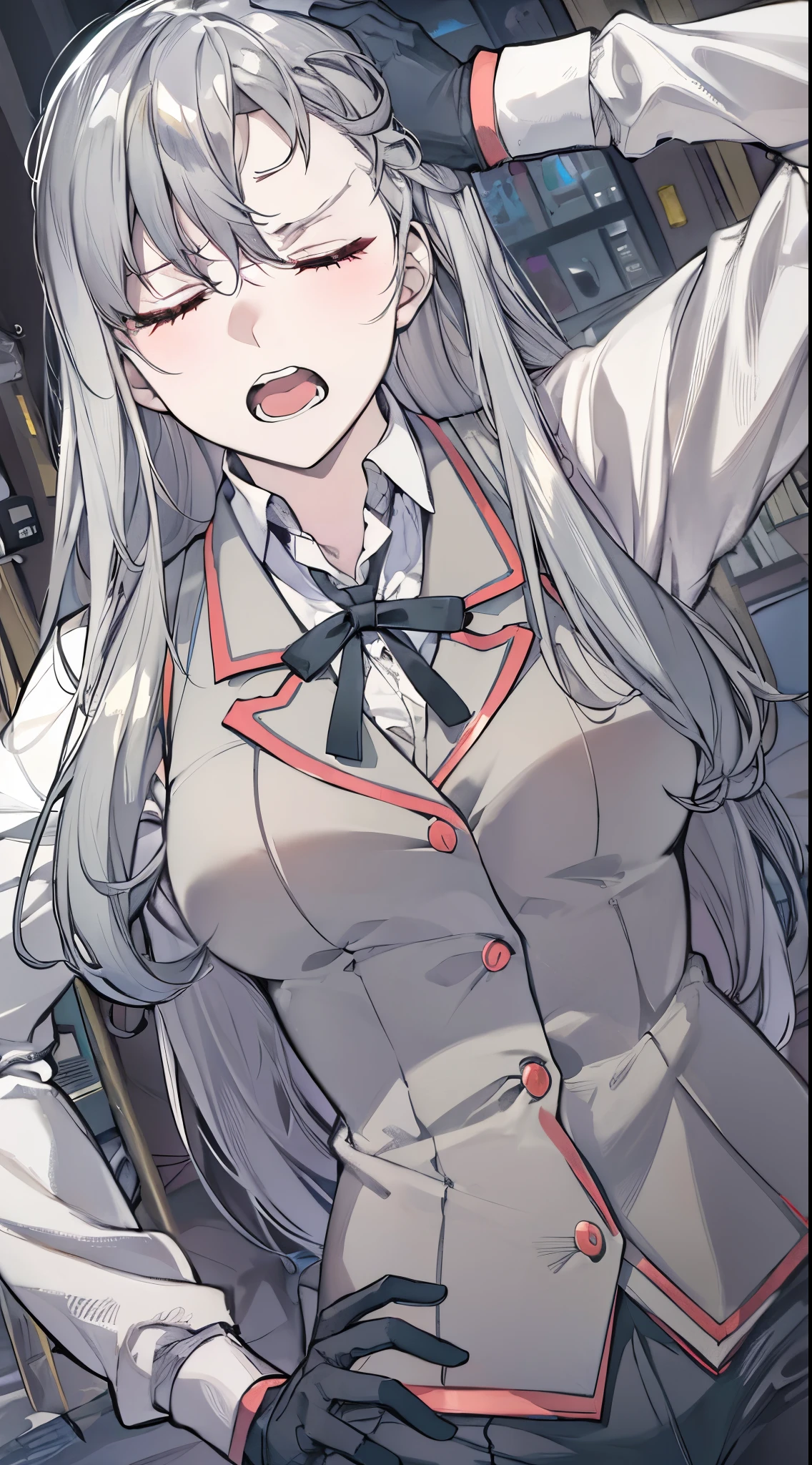 ((1 girl:1.5))、(smile:1.5)、(blush)、shirt、blouse、((fun!!))、chiralism、(small breasts)、(silver hair)、(dog ears)、(eye highlights:1.3)、Blake Black Footwear,(黒いskirt)、bow, button, 襟の付いたshirt, long sleeve,  ((red bow tie, , black jacket, open jacket, (white cardigan:1.5), 白のshirt, 黒のskirt, チェック柄のskirt、white socks)),, shirtを,, skirt, socks, thighs, 白い shirt, Rest indoors, ((classroom:1.5))、 BREAK While watching the audience、(skirtを掴む:1.5)、 (perfect hands, perfect anatomy),cowboy shot、(skirt lift:1.3), (Pull Panties)、((shaved pussy:1.5))、(skirt that rolls up:1.3)、(Highly detailed labia fully exposed:1.5)、(Photo seen from below)、light blue eyes、long hair