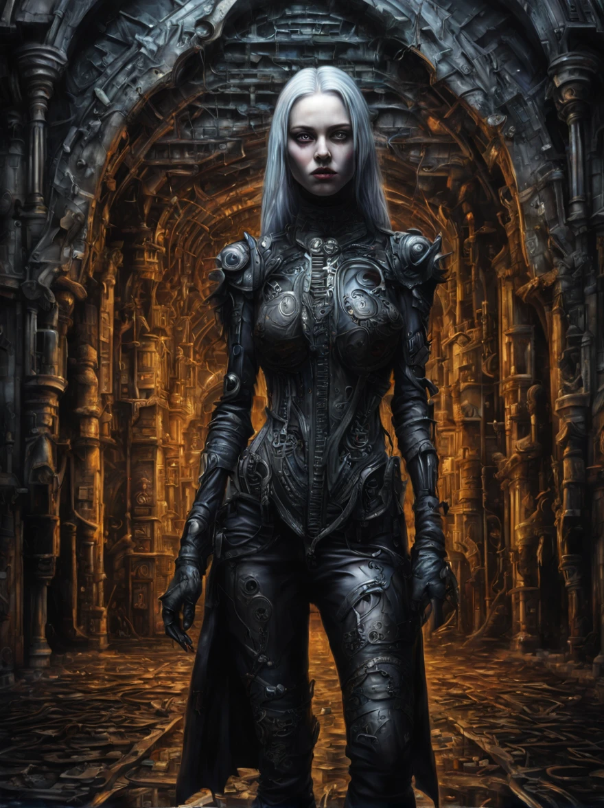 beautiful gothic girl ,extreme detailed face and body,Walking through a dystopian world.she is happy to be alone in this world,ighly detailed,Photorealism,master piece,Dinamic Light,glinting,发光,Beautiful images inspired by H.r.giger.Orson Welles and Jean Ansel,Very colorful