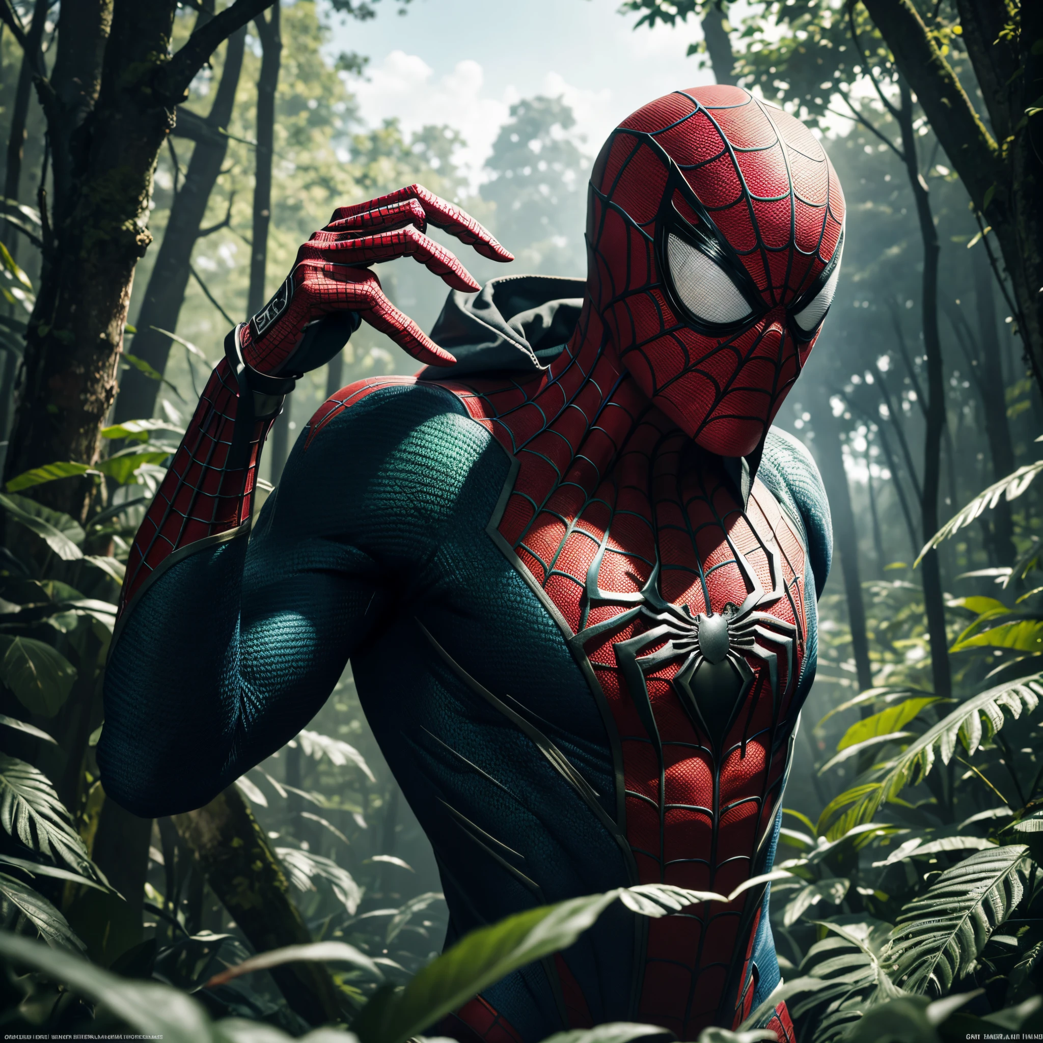 Prompt: (full-length) portrait of Spiderman, natural textures, , hyper maximalist, Sharp focus, dynamic pose, 3D render, ultra-detailed, bokeh, intricate details, Cinematic, ambient occlusion, green forest background, volumetric lighting, detailed 32K upanime, Sony A7S III, f/ 8. 0, 1/ 200, sharp focus, detailed 64K, megapixel center, at camera