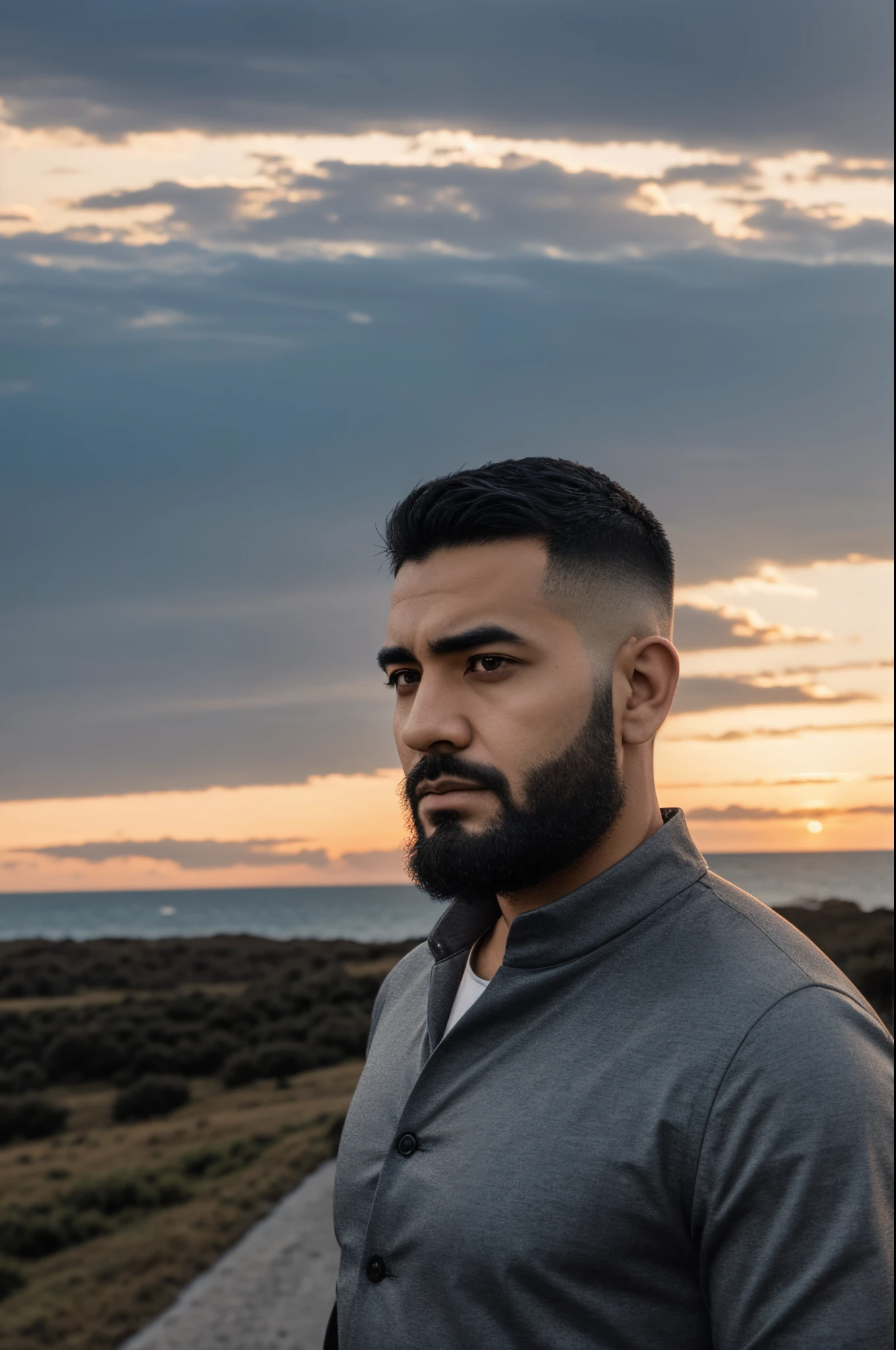 Omen with a short beard and short hair looking at the horizon with only part of his face showing.
