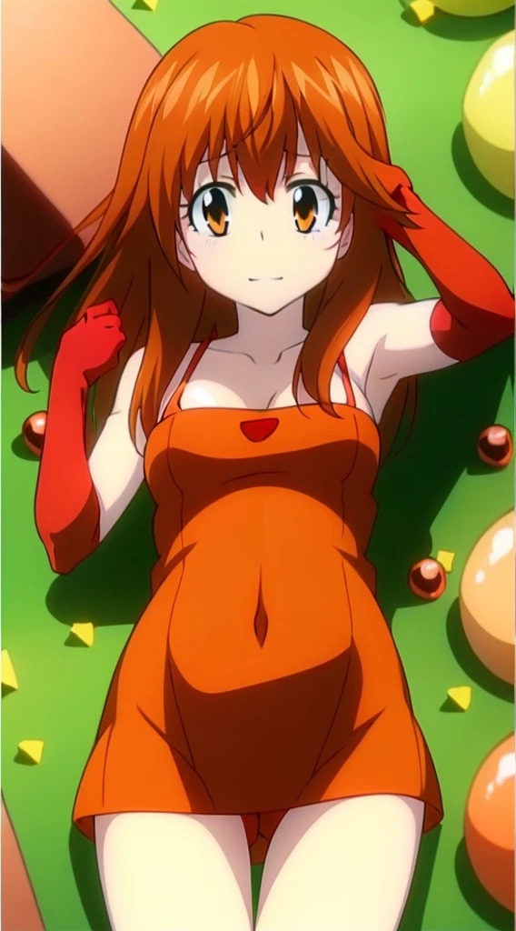 masterpiece, best quality, 1 solo girl, orange hair, orange eyes, long hair, wavy hair, Christmas ornaments, medium breasts, mature body and face, red santa dress, christmas, christmas light, christmas tree, red gloves, red santa skirt, holding gift, red bra, red panty, leg up, cowboy shots, sexy pose, dakimakura, detailed body, face, and eyes, sharp focus, vibrant, creative, dynamic, high definition, high resolution, 8k, (Upscale: R-ESRGAN 4x+ Anime6B), (Image enchance:4x), voluptuous body