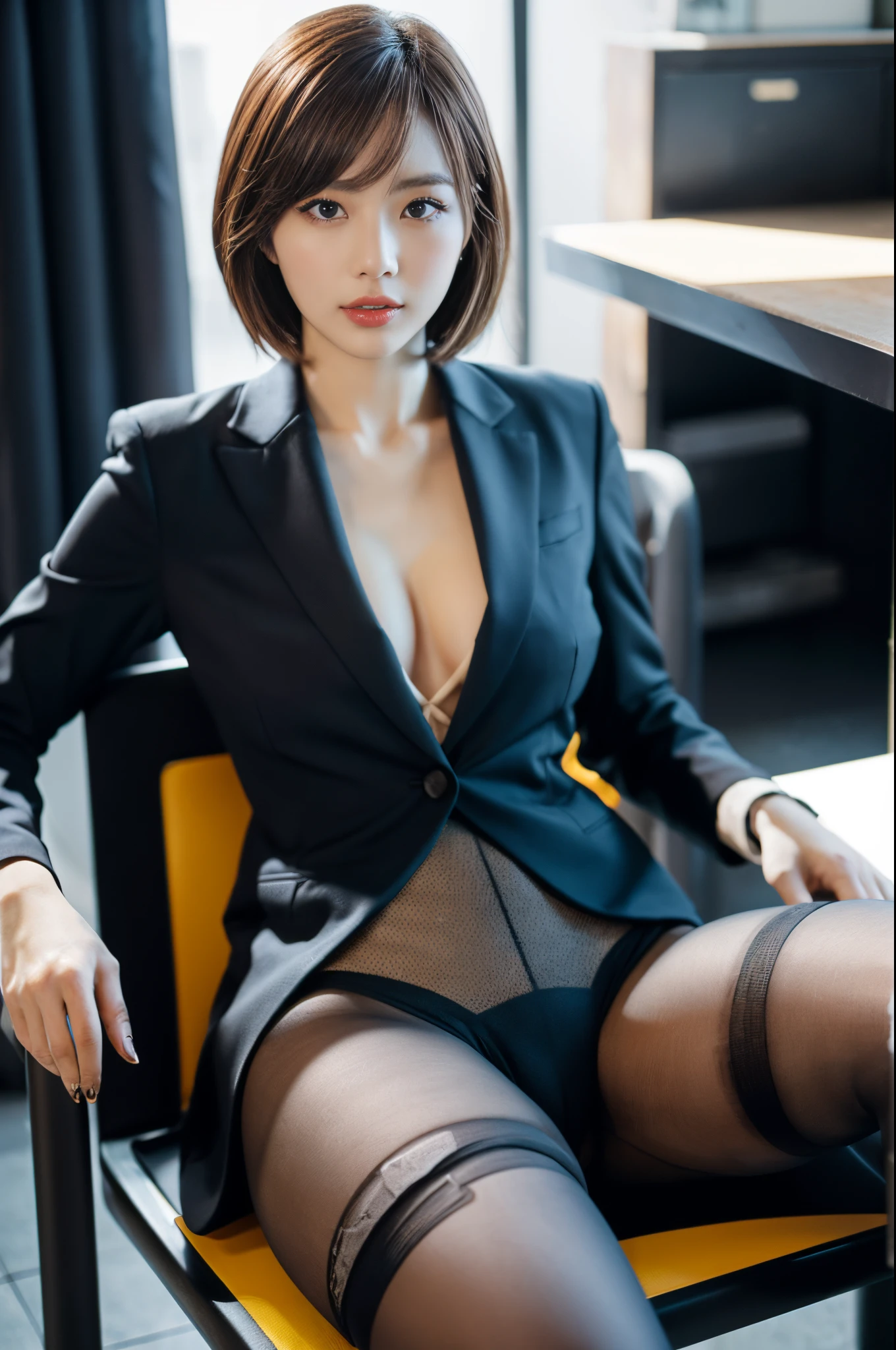 ulzzang -6500-v1.1, (Raw photo:1.2), (Photorealsitic), (See-through:1.3), (Real:1.4), Elite woman sitting at desk tied up in business suit, (SFW) safe for work, oppai, Short Layer Hair, (Ultra-realistic pantyhose:1.2)、Shibari, 2b, 2 b, Wearing a strict business suit, tied with chair, sophisticated gravure idol, Rope Bondage, in a strict suit, raw,(in 8K、top-quality、masterpiece:1.2)、(intricate detailes:1.4)、(Photorealsitic:1.4)、octane renderings、Complex 3D rendering ultra detail, Studio Soft Light, Rim Lights, vibrant detail, super detailing, realistic skin textures, Detail Face, Beautiful detail eyes, Very detailed CG Unity 16k wallpaper, make - up, (detailedbackground:1.2),shinny skin、Exposed thighs!!!