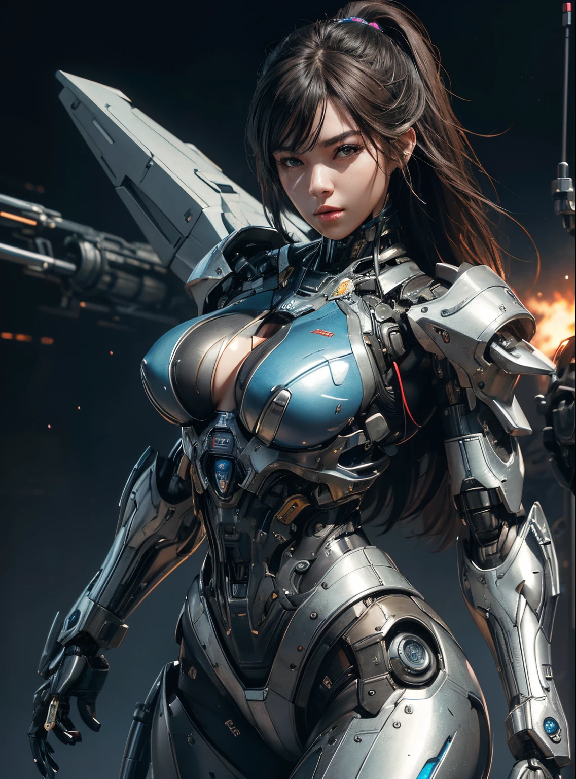 Textured skin, Super Detail, high details, High quality, Best Quality, hight resolution, 1080p, hard disk, Beautiful,(cyborgs),Boob missiles,beautiful cyborg woman,Mecha Cyborg Girl,Battle Mode,Girl with a Mecha Body,She wears a battle cyborg mech with a weapon,Fulll body Shot