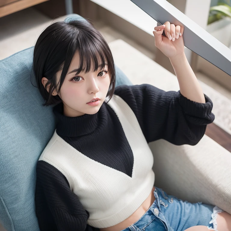 1girl in, 20yr old, gradient, up looking_で_viewer, Black_hair, Solo by JM, Yoshiko Akishino, Shorthair