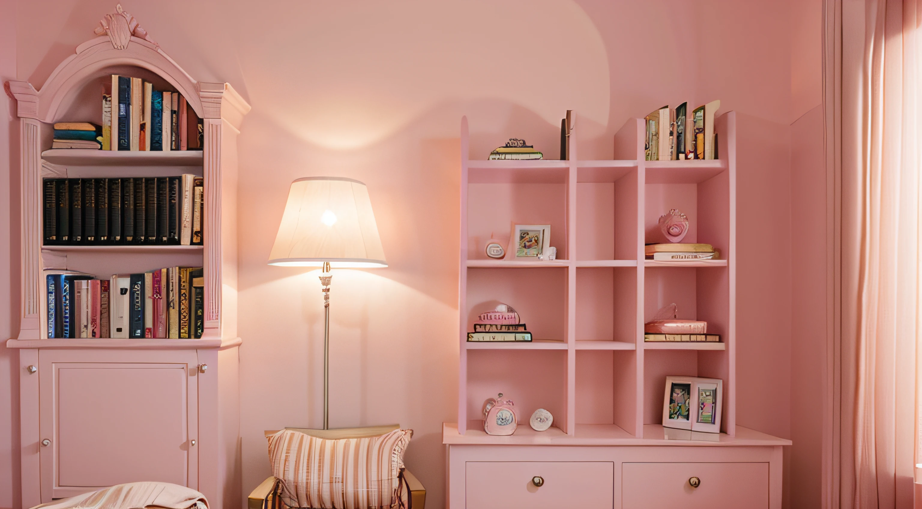 royal beigel room wall, decoracion minimalista, bookshelf with books and pink lights
