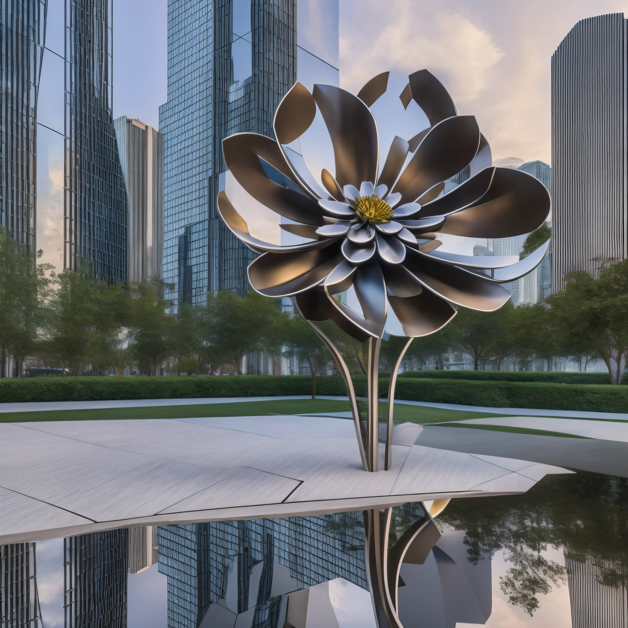 An elegant metal flower standing alone in a futuristic city park, surrounded by sleek skyscrapers with reflective glass facades, the flower's surface mirroring the city lights, creating a juxtaposition of organic beauty in a technologically advanced setting, Sculpture, stainless steel,