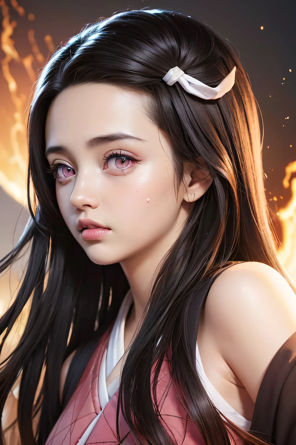 (Ultra Real), (Illustration), (High Resolution), (8K), (Very Detailed), (Best Illustration), (Beautiful Detailed Eyes), (Best Quality), (Ultra Detailed), (Masterpiece), (Wallpaper), (Detailed Face), Night Up Upper Body, ,Long Hair,Solo,Simple Kimono Top Girl, Sweaty, Japan Person, Big Tits, (fire) Nezuko Kamado,