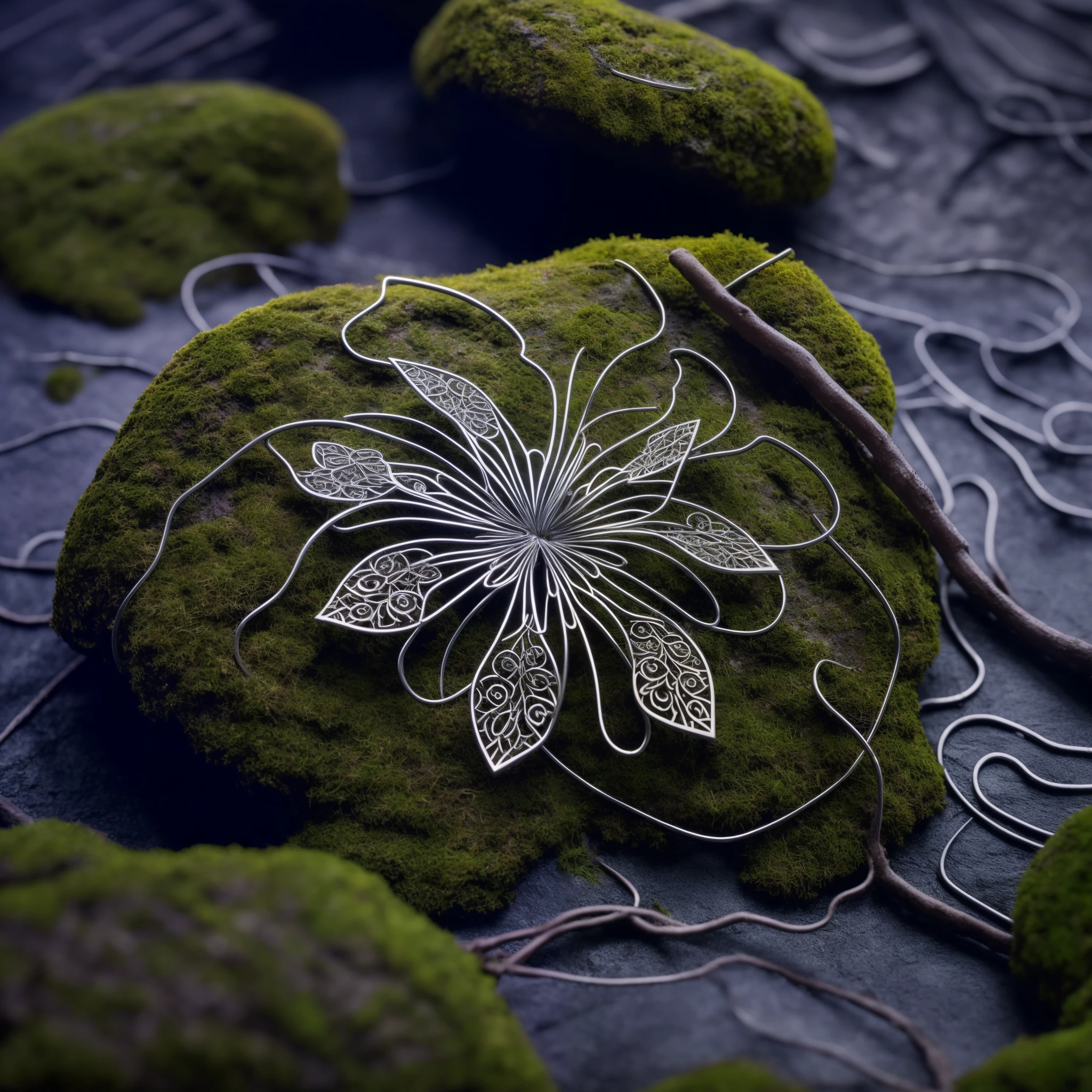 A delicate metal flower, intricately designed with intertwined vines and petals, each petal featuring fine engravings resembling circuit patterns, placed on a moss-covered stone in a serene forest, illuminated by dappled sunlight filtering through the lush canopy, evoking a sense of nature meeting technology, Photography, macro lens (100mm), f/2.8