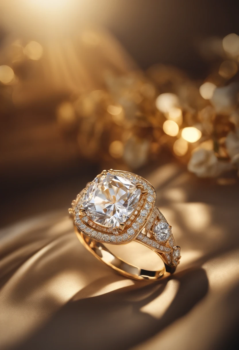 Jewelry Design, golden ring, large diamonds, Luxury, gros-plan, Product View, Trending on ArtStation, cgsociety, ultra-quality, Digital Art, Exquisite hyper detail, 4K, soft illumination, Dreamy, Sunlight Reflection, Fashion, Rendered by Unreal Engine