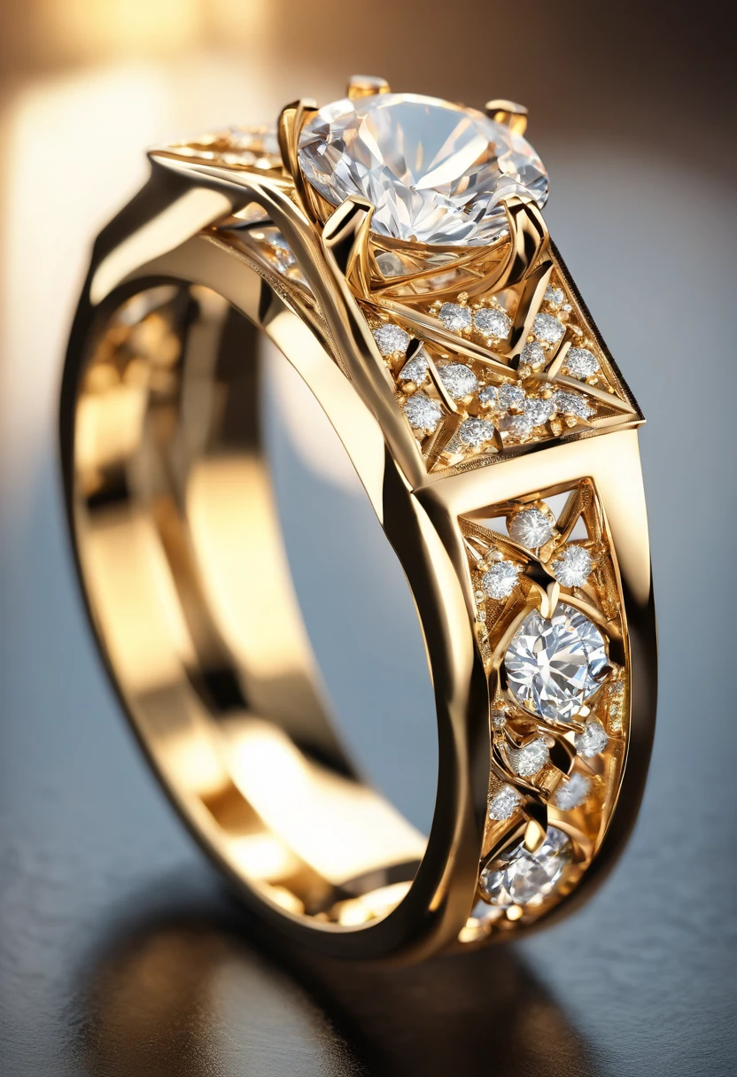 Jewelry Design, golden ring, large diamonds, Luxury, gros-plan, Product View, Trending on ArtStation, cgsociety, ultra-quality, Digital Art, Exquisite hyper detail, 4K, soft illumination, Dreamy, Sunlight Reflection, Fashion, Rendered by Unreal Engine