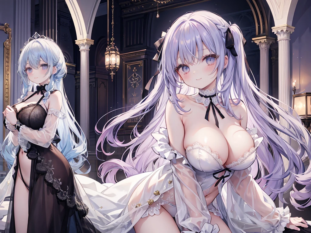 1 woman、Hair that shines like pale topaz、Twin-tailed、Shining topaz eyes、爆乳、Too large breasts、Seductive breasts、Lace underwear、negligee、lace cape、sapphire choker、Castle Room、Long Lace Bale、Ruffles and ribbons、A smile、The upper part of the body