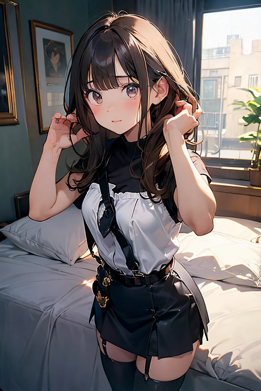 Staring at the audience　　　Black suspenders　　　bulging big breasts　　 　 　　　wall 　mini skirt　garterbelt　garter　　　　　　sight　　　Small face　 　　　holster　　　Beautiful woman　　Show your hand　　 Lying in bed　　sight 　　Taunt　side　side汗 　arm　　belt　summer　Armpit sweat
