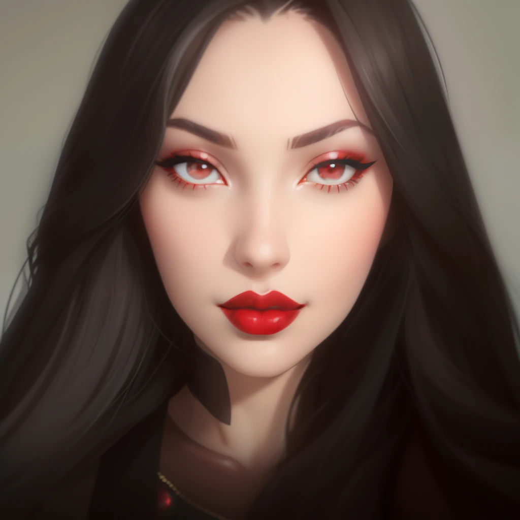 a close up of a woman with long black hair and red lipstick, light-red lips, red lips, thick red lips, inspired by Ksenia Milicevic, red lipstick on face, sexy red lips, luscious red lips, big red lips, faint red lips, red lipstick, bright red lipstick, small and thick red lips, maia sandu hyperrealistic