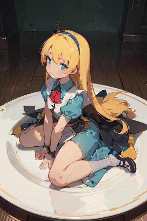 frontage、Photographed from the front、Less shadow、Castella on a plate、It looks delicious、dish、castella、top-quality, Poses, Correct anatomy, Beautiful body curves, Sketch beech, Daily Draw, vestments,Vintage、Wearing a dress、yellow castella、She'on top of castella、kawaii