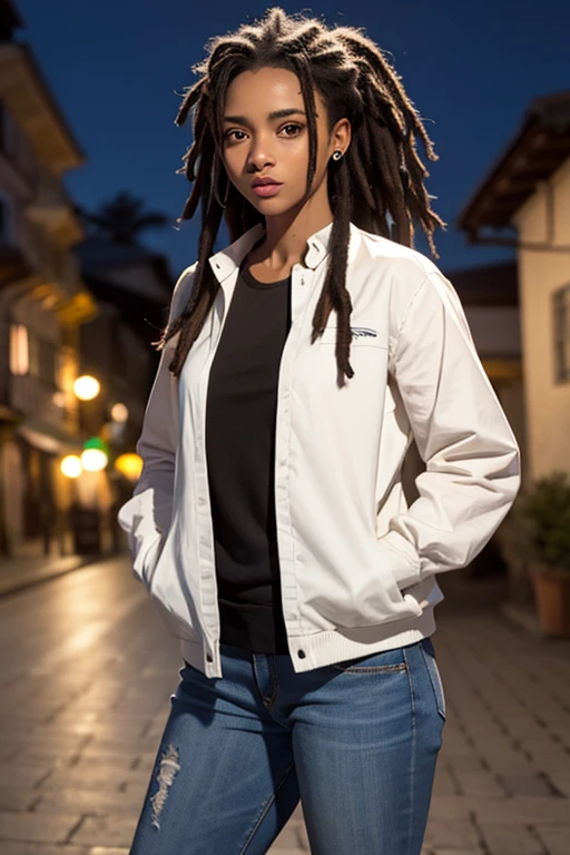 1garota,mulher negra, garota com dreadlocks, cidade noturna,noite,chuva,casaco,Hands in pockets