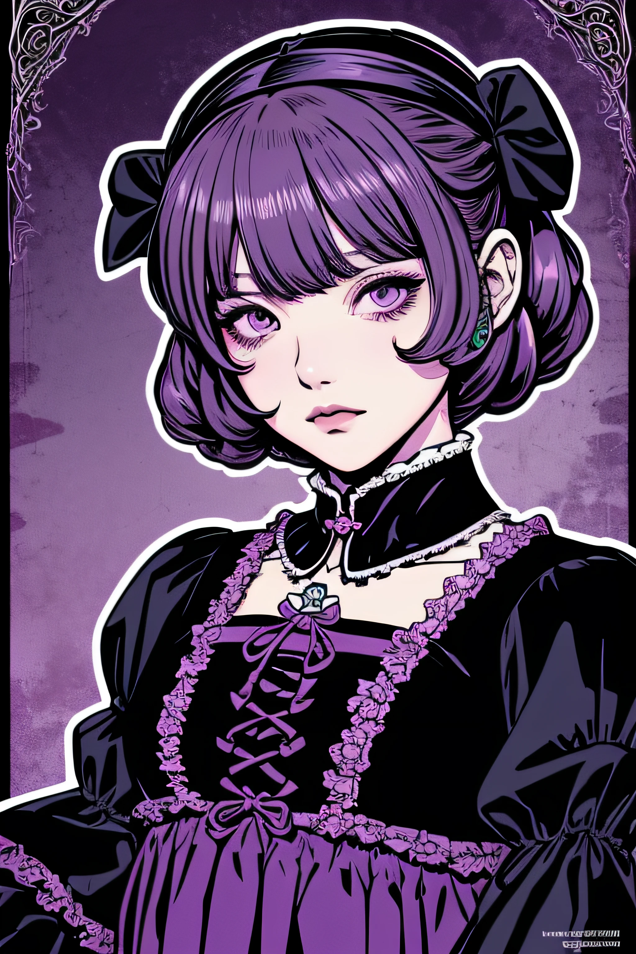 Beautiful Hardcore Illustration homepage illustration style, dark, high resolution, hard touch illustration, strong outline, two girls, gothic & lolita style, gothic & lolita fashion, 8k, American comic style, colorful background, Hiroyuki Nagasaka, aggressive, beautiful face, cool beauty, dress, beauty style, purple color, battle, Hard illustration, purple hear,