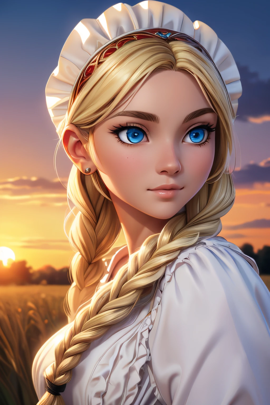 ((ultra quality)), ((tmasterpiece)), beautiful young Slavic girl, ((blonde woman, hairlong, Long braid)), Beautiful cute face, beautiful female lips, charming beauty, ((Kind expression on his face)), is looking at the camera, slightly closed eyes, ((Skin color: white)), Body glare, ((detailed beautiful female eyes)), ((big blue eyes)), beautiful female hands, ((perfect female figure)), ideal female body shapes, Beautiful waist, nice feet, big thighs, Beautiful butt, ((Subtle and beautiful)), seductively worth it ((closeup face)), ((clothes from Slavic fantasy, White dress with red ornate ruffles, Slavic hoop on the head)) background: field, Beautiful sunset, ((Depth of field)), ((high quality clear image)), ((crisp details)), ((higly detailed)), Realistic, Professional Photo Session, ((Clear Focus)), ((cartoon)), the anime, NSFW