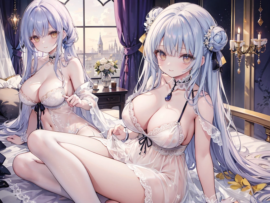 1 woman、Hair that shines like a pale yellow jewel、Twin-tailed、Shining yellow jewel eyes、爆乳、Too large breasts、Seductive breasts、Lace underwear、negligee、lace cape、sapphire choker、Castle Room、Long Lace Bale、Ruffles and ribbons、A smile、The upper part of the body