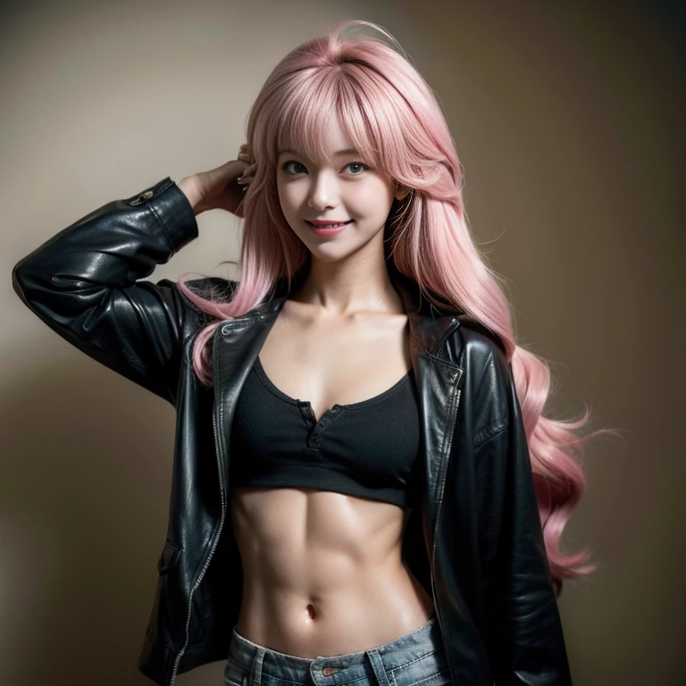 girl with pink eyes and a black jacket,   grinning evily, long flaxen hair、sayori,  Junko Enoshima, Gapmoe Yandere,  Anatomically perfect limbs、well-muscled、abdominals