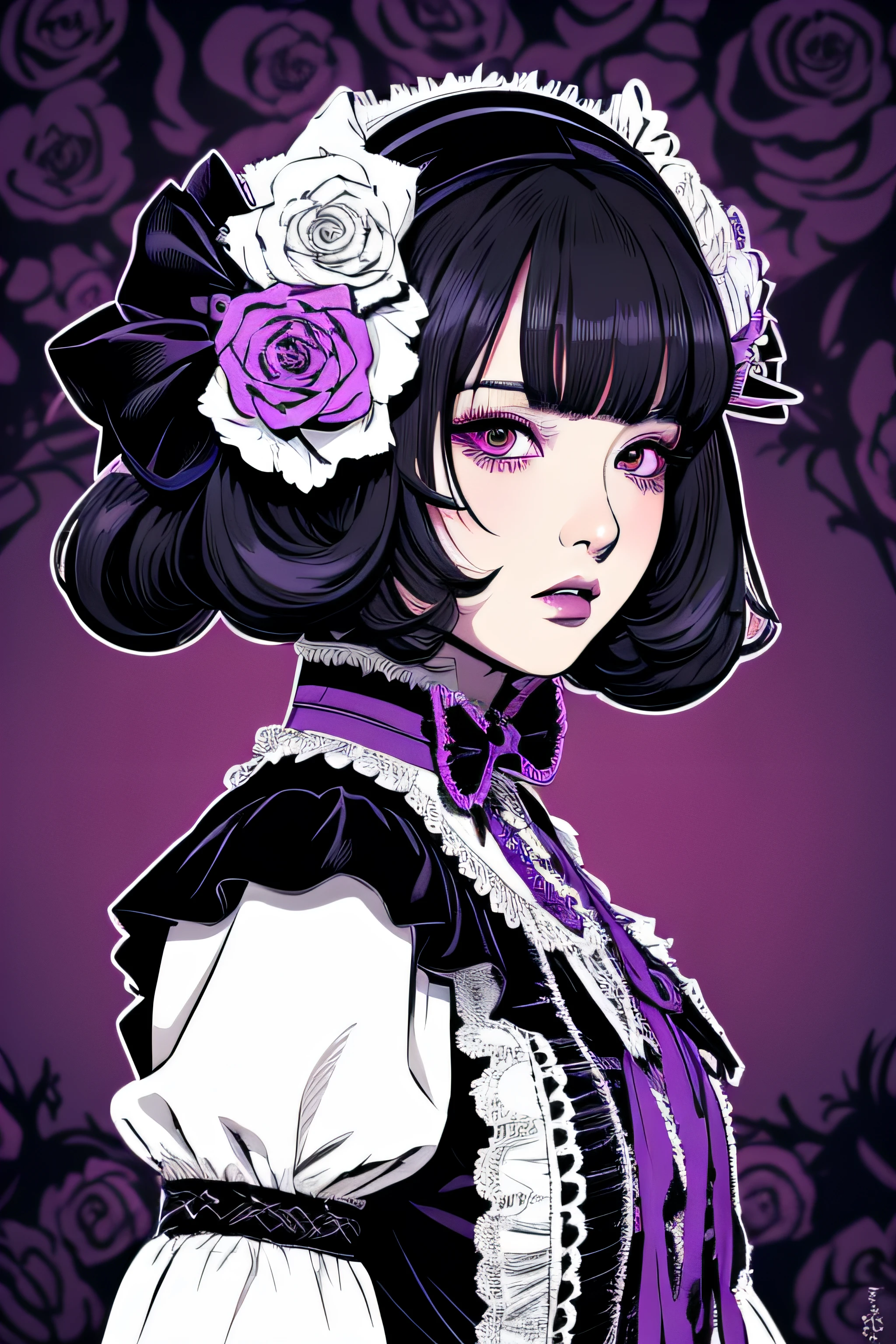 Beautiful Hardcore Illustration homepage illustration style, dark, high resolution, hard touch illustration, strong outline, two girls, gothic & lolita style, gothic & lolita fashion, 8k, American comic style, colorful background, Hiroyuki Nagasaka, aggressive, beautiful face, cool beauty, dress, beauty style, purple color, battle, Hard illustration, purple hear,