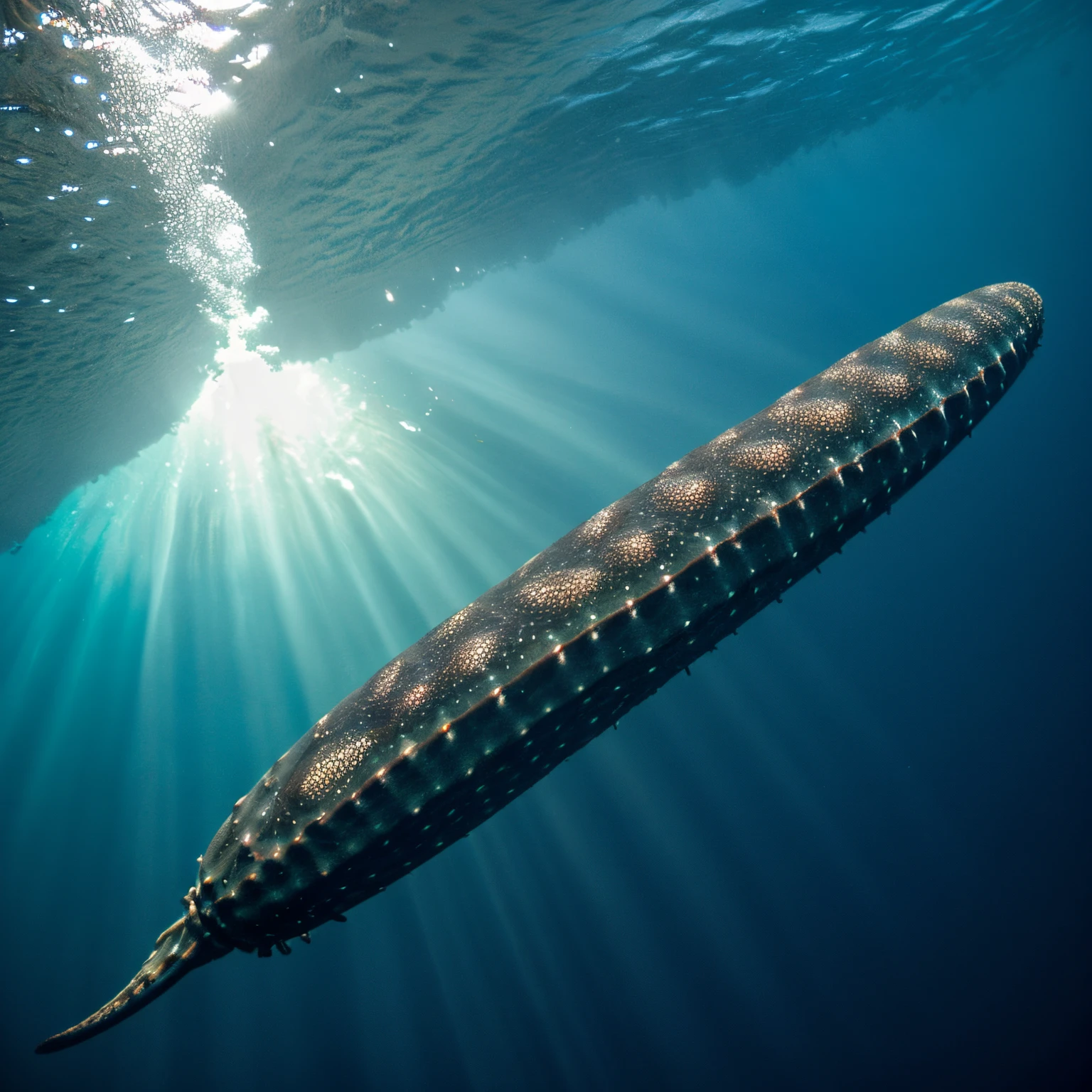 Deep ocean bottom、Seabed full of white sea cucumbers，Fish are also swimming, but there are not many of them.
