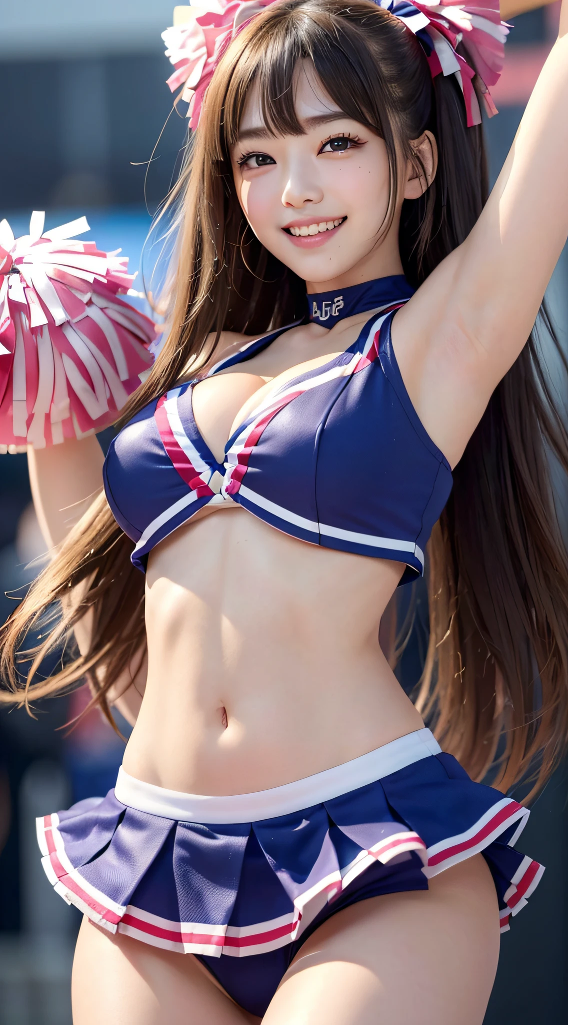 (RAW shooting:1.2)、(Photorealsitic:1.4)、(masterpiece:1.3)、(top-quality:1.4)、japanese beautiful woman、beautiful eyes finely detailed、eye lashes、beautiful double eyelid、eyeshadows、Perfect eye makeup solo、cute little、(cute face)、、(Smile full of happiness:1.4)、(Looks happy:1.3)、kindly smile、Expression in a state of excitement、(Twin-tailed:1.2)、fluffy hair、(Angle from below:1.3)、(FULL BODYSHOT)、More skin、二重まぶた、(large full breasts:1.3)、beauty breast、(cleavage of the breast)、(erectile nipple:1.2)、(cheer girl:1.5)、(a miniskirt)、Beautiful and thin legs、(Perfect body shape beauty:1.3)、shinny skin、(Lively poses like cheerleading:1.5)、(2 large bonbons:1.3)、Jumping、Make eye contact with the camera、stadio、Night、Sexy navel、Skinny Legs、tthin eyebrows、Tear bag、lofty nose、(extemely sexy:1.3)、bokeh dof、obscenity、erotick、