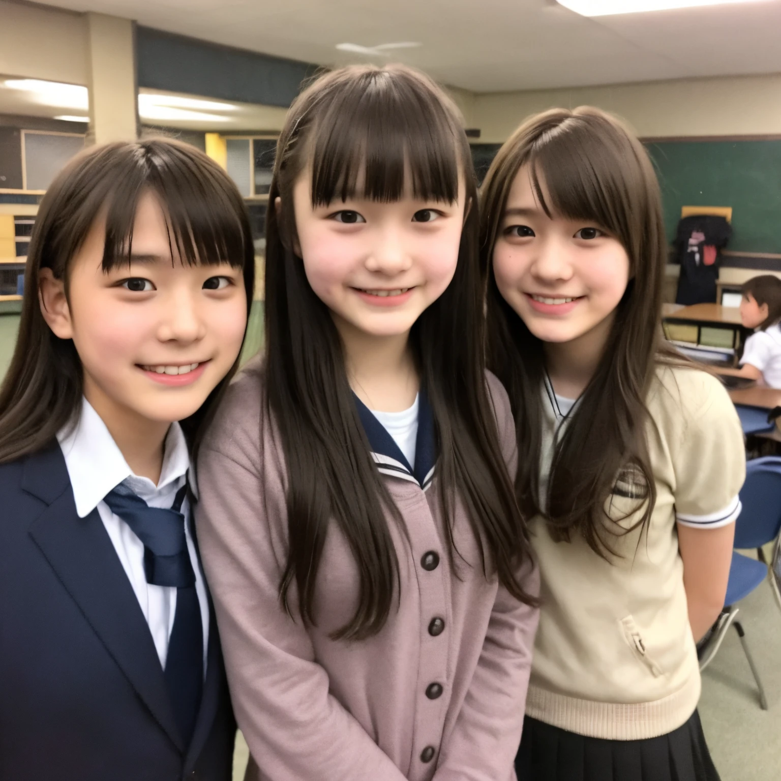 highest quality、details eyes、beautiful eyes、perfect eyes、Detailed hair、beautiful hair、perfect hair、8K、head of details、beautiful head、Perfect head、NSFW , , (cute little , 20 year old , Japanese , female high-school student、fashion model , 3 girls in , petite figure、with a height of 134cm、Petite Body、Short Body , ) , (Brunette Hair , ) , (Heavy breathing、Provocative facial expressions、Looking at the camera、blushing , Full Mouth、Grin Mouth , black eyes , 0) , ( Cardigan、Schoolgirl Uniform , Pussy is visible、Her calves are exposed、her breasts and nipples are exposed、The clothes are fluffy)(full body、whole body capture , medium-full shot、High-angle , legs wide open)(School Classroom , natural lighting) ,