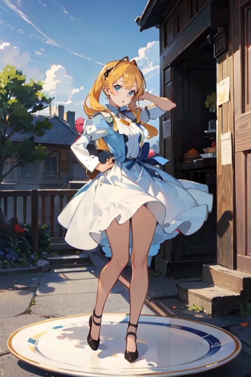 2d, masterpiece, best quality, anime, highly detailed face, highly detailed eyes, highly detailed background, perfect lighting, full body, 1girl, solo, nene_original, bun cover, two side up, bell, ribbon, yellow dress, detached sleeves, blue capelet, blue skirt, white pantyhose, dynamic pose, sad, east asian architecture, ((((her defecation accident)))), ((((her fecal leakage accident)))), concept, pee, peeing self, wetting, wetting self, have to pee, pee stain, in skirt has pee stain,embarrassed, blushing,(girl leaking pee), (Peeing self), have to pee, she peeing to much,(girl is peeing self:1.1) ((pee stain)), worried,puddle of pee at your feet