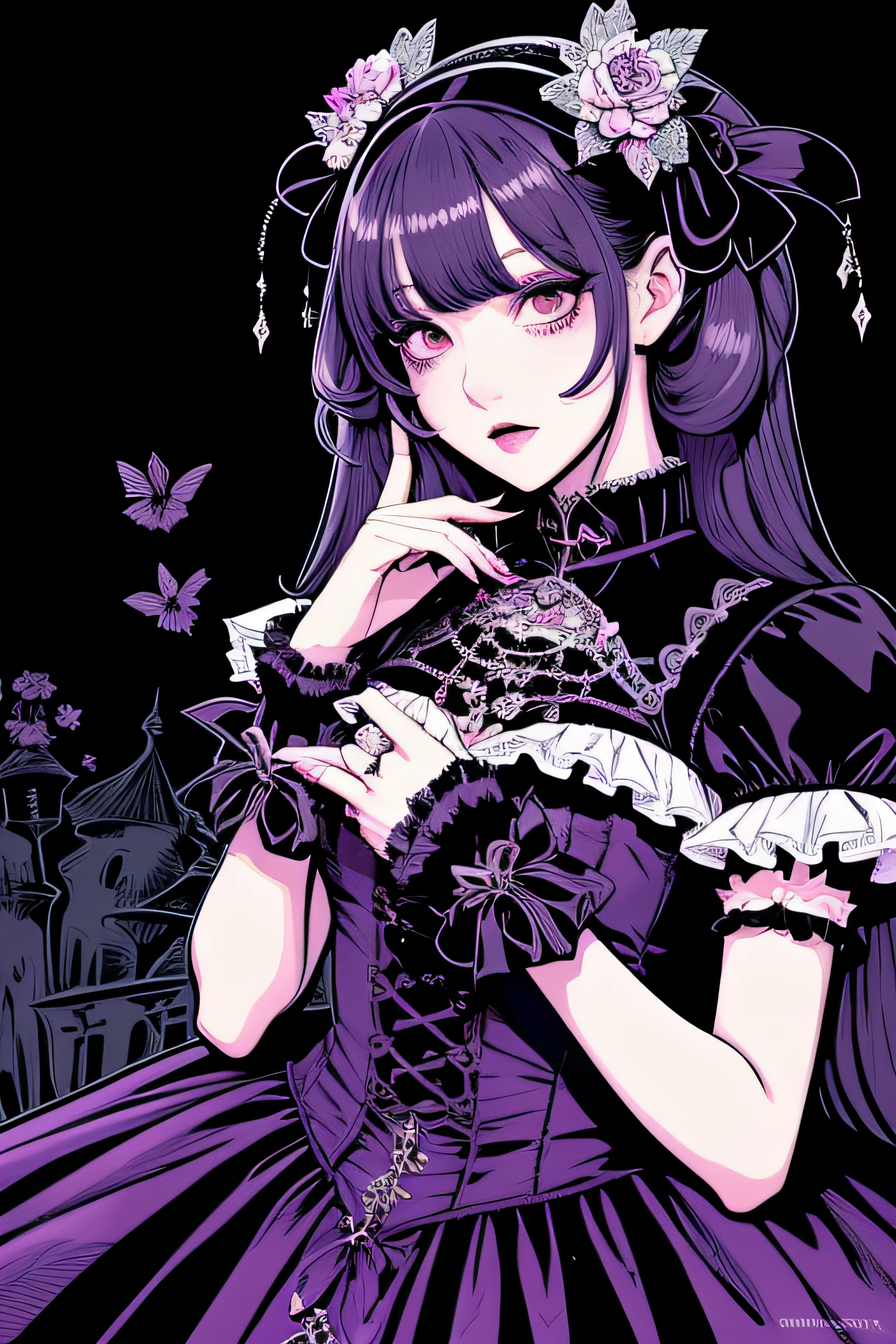 Beautiful Hardcore Illustration homepage illustration style, dark, high resolution, hard touch illustration, strong outline, two girls, gothic & lolita style, gothic & lolita fashion, 8k, American comic style, colorful background, Hiroyuki Nagasaka, aggressive, beautiful face, cool beauty, dress, beauty style, purple color, battle, Hard illustration, purple hear,