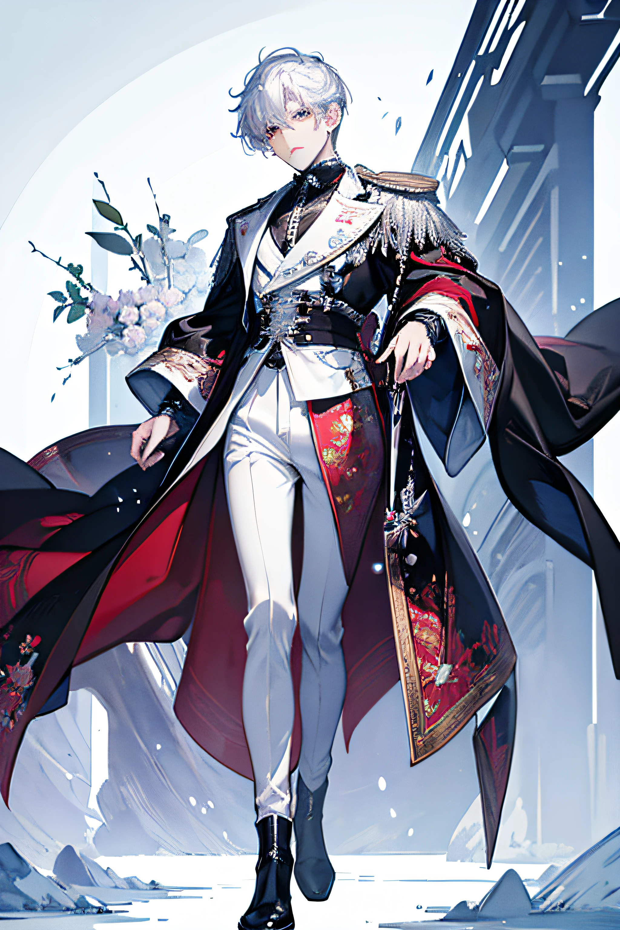masterpiece, best quality, ultra-detailed, kawaii, cute, lovely, sexy, ero, extremely detailed, 4K, 8K, best quality, beautiful, illustration, full body, colorful, gradation, full body focus, a handsome man, man, solo, beautiful silver hair, beautiful red eyes, beautiful eyes, white-skinned, cool, ice effect