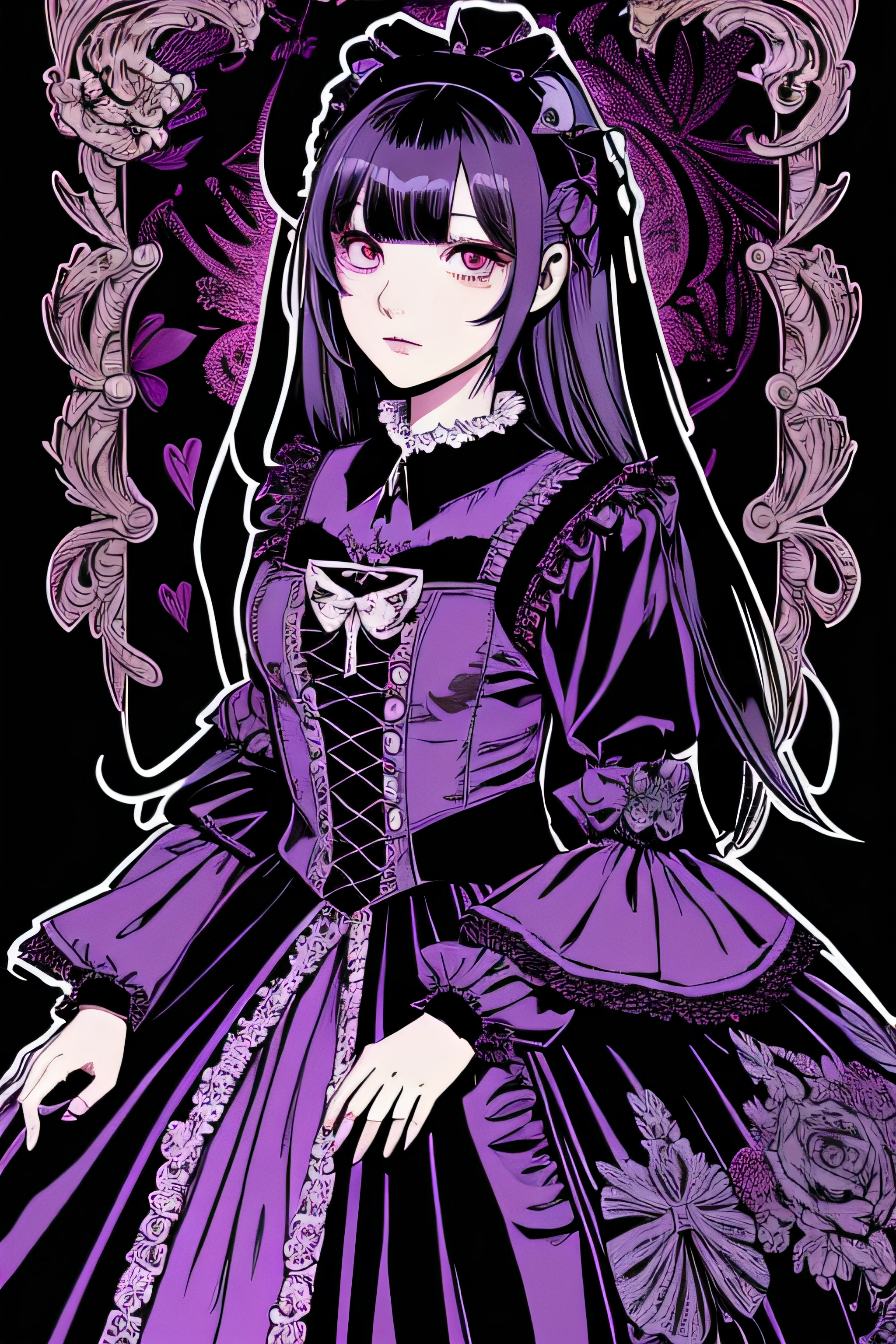 Beautiful Hardcore Illustration homepage illustration style, dark, high resolution, hard touch illustration, strong outline, two girls, gothic & lolita style, gothic & lolita fashion, 8k, American comic style, colorful background, Hiroyuki Nagasaka, aggressive, beautiful face, cool beauty, dress, beauty style, purple color, battle, Hard illustration, purple hear,