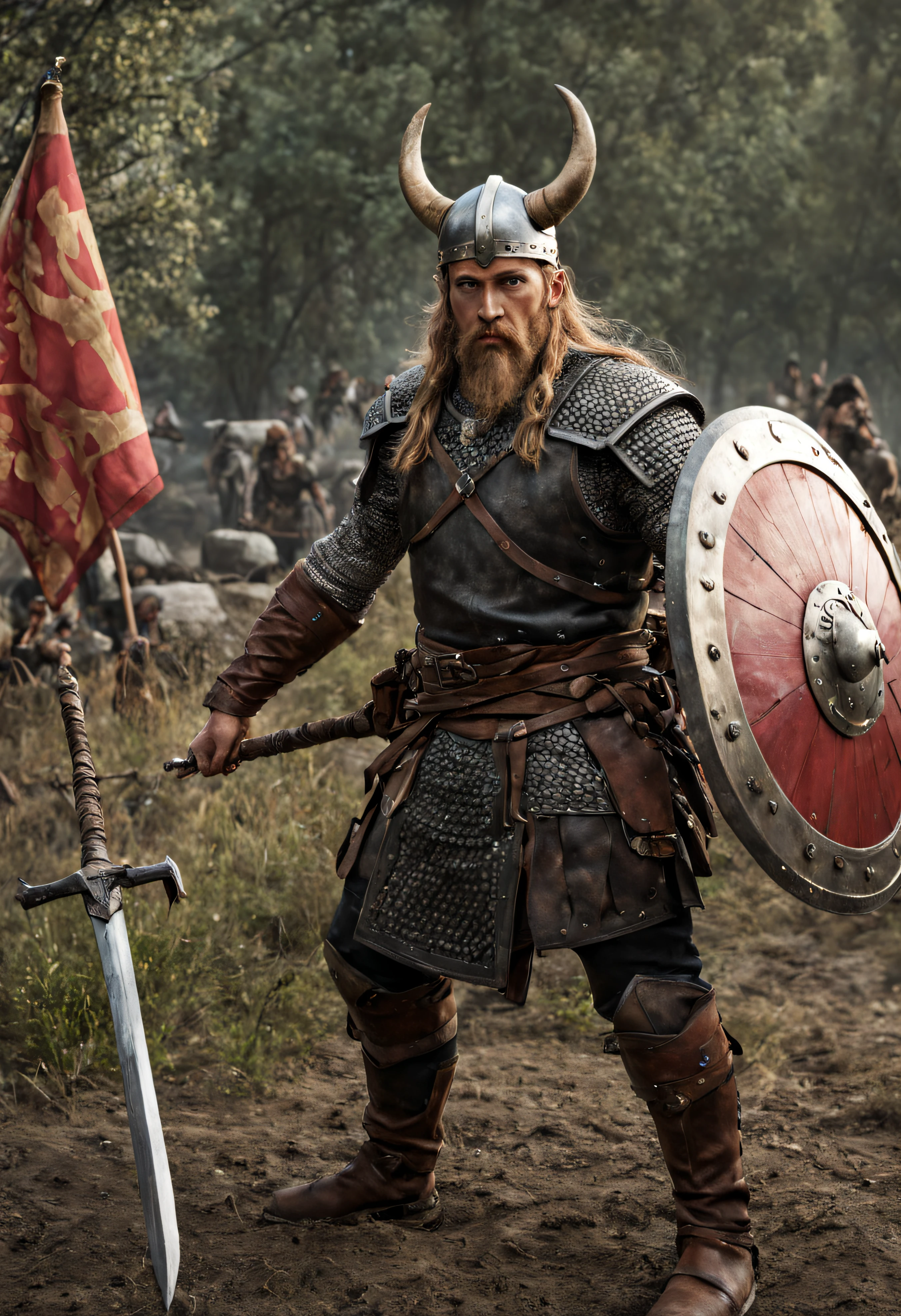 (cuerpo completo), guerrera vikinga, bellisima de ojos verdosos, con sus trenzas rubias largas, su casco de hierro y su correaje y protectores de metal, que dejan entrever un vestido sucio y rasgado con su minifalda sexy, By the heat of battle he finds himself in a war zone walking dynamically with a frown, iluminacion de la hora dorada, (intrincados detalles de la maquina).imagen fotorrealista,nitidez maxima, calidad 8k.(obra maestra de calidad superior).