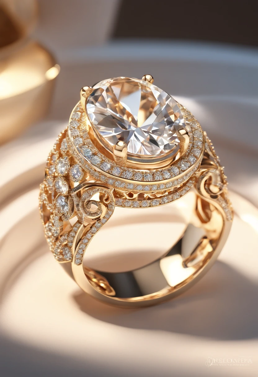 Jewelry Design, golden ring, large diamonds, Luxury, gros-plan, Product View, Trending on ArtStation, cgsociety, ultra-quality, Digital Art, Exquisite hyper detail, 4K, soft illumination, Dreamy, Sunlight Reflection, Fashion, Rendered by Unreal Engine