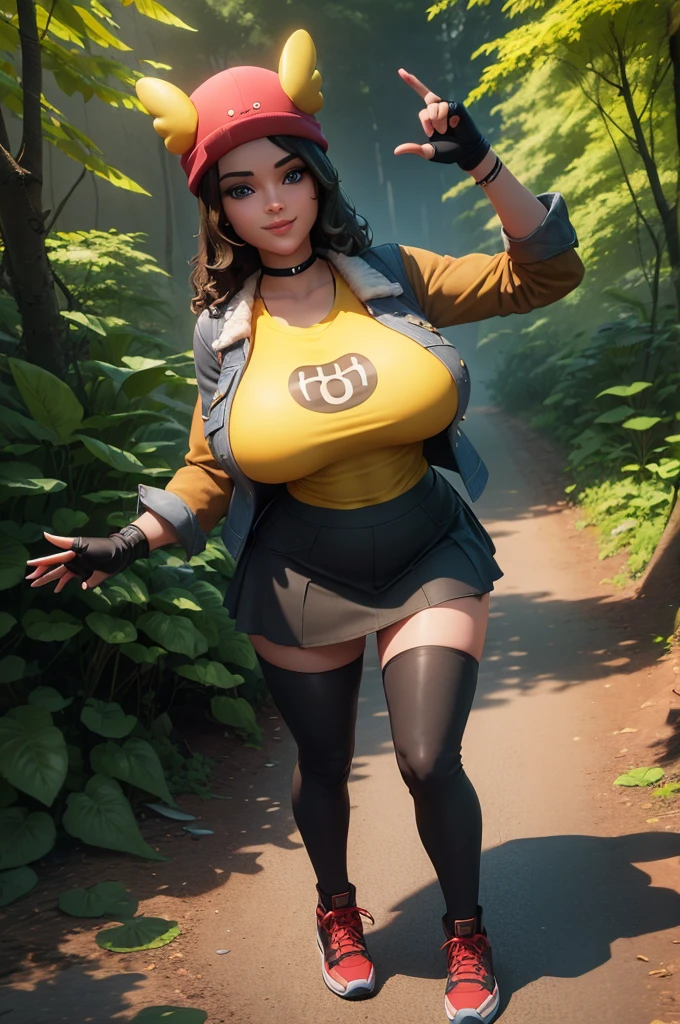 (8k, best quality, masterpiece:1.2), (realistic, photo-realistic:1.37), ultra-detailed, 1 girl,cute, solo, ,beautiful detailed blue eyes, medium wavy hair, standing in a jungle, , smiling, looking at viewer, ,light brown hair, black lips, black lipstick, full body view, , whole body shot, red hat, , , nsfw, choker, yellow shirt, denim jacket, black skirt,dark long leggings, black fingerless gloves, red sneakers, big breasts