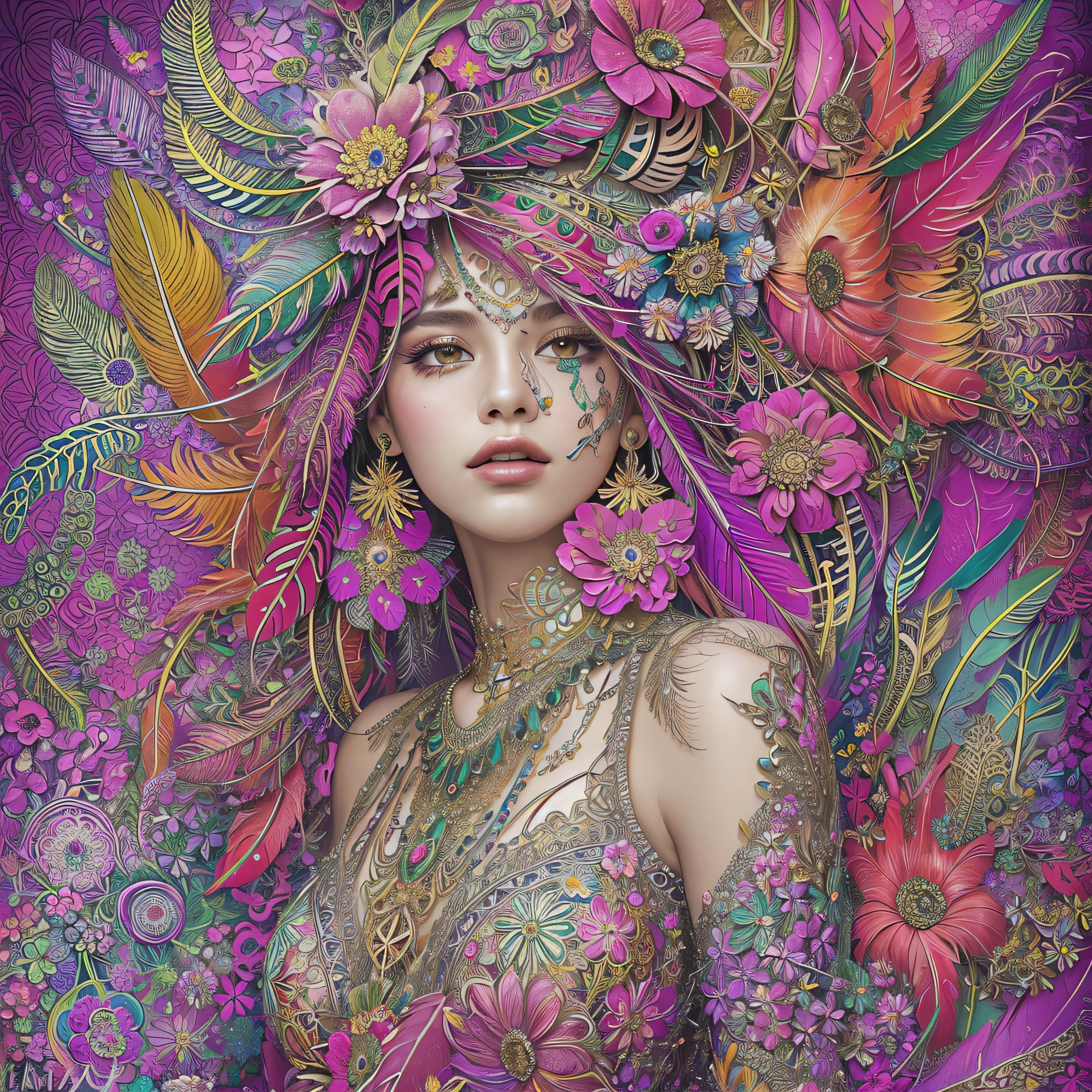 (masterpiece, top quality, best quality, official art, beautiful and aesthetic:1.2), (1girl:1.3), extremely detailed,(fractal art:1.1),(colorful:1.1)(flowers:1.3),highest detailed,(zentangle:1.2), full body, (abstract background:1.3), (shiny skin), (many colors:1.4), ,(earrings), (feathers:1.5),