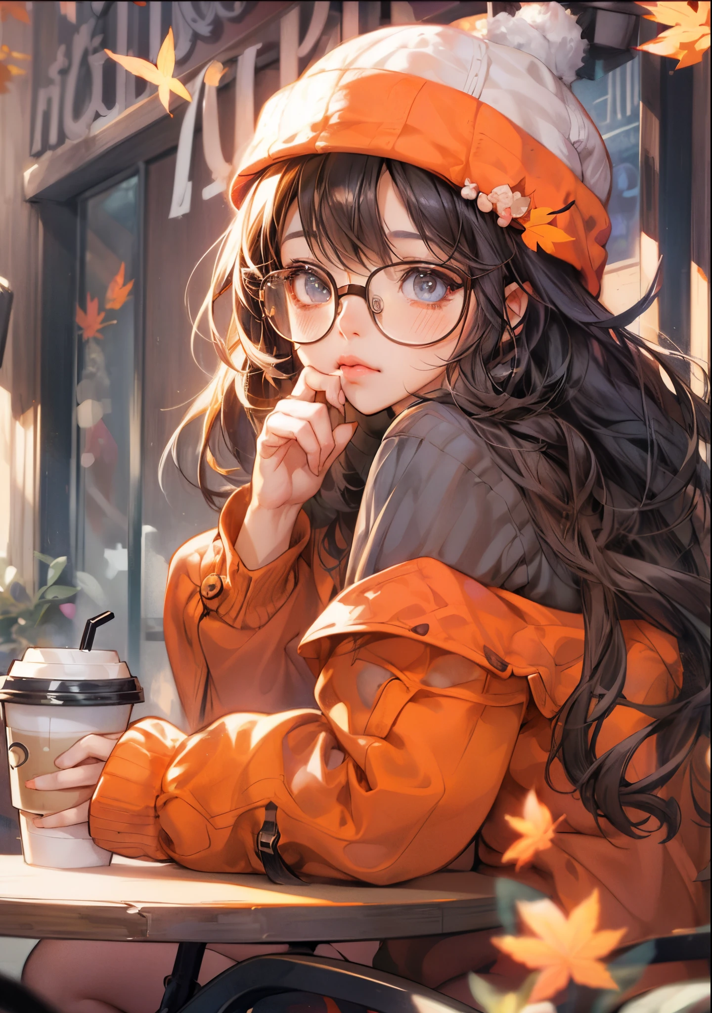 anime girl with glasses and a hat sitting at a table with a drink, artwork in the style of guweiz, 🍁 cute, 🍂 cute, mysterious coffee shop girl, kawaii realistic portrait, lofi portrait, anime visual of a cute girl, realistic anime art style, lofi girl, digital anime illustration, cute art style, beautiful anime art style