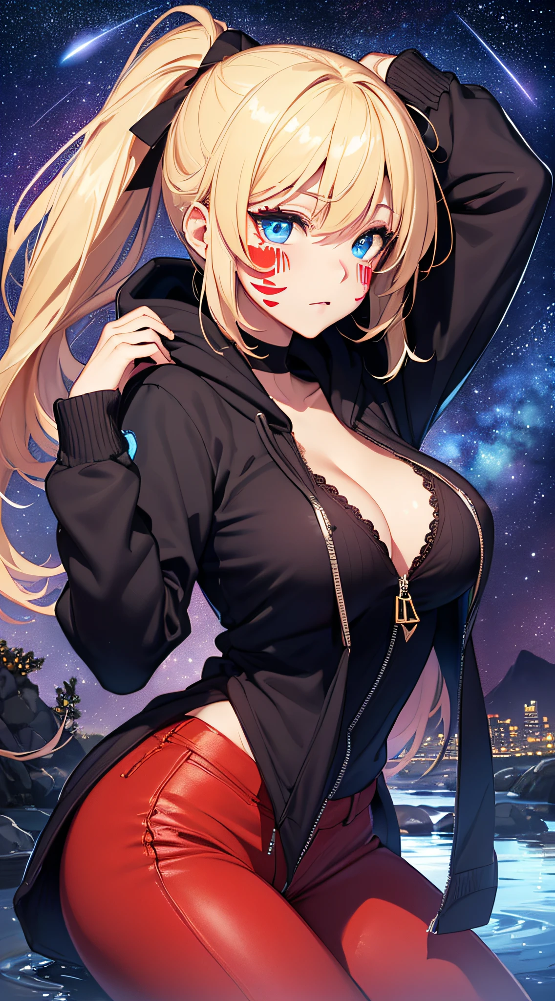top-quality、Top image quality、masterpiece、girl with((18year old、Best Bust、big bast,Beautiful blue eyes、Breasts wide open, Blonde ponytail、A slender,Large valleys、Black hoodie、red and blue pants、 red heart face paint、sexypose、Seduction poses)),hiquality、Beautiful Art、Background with((Beautiful night sky、shooting stars、comets、stele々、river of stars)))、,masutepiece、visualart、depth of fields、