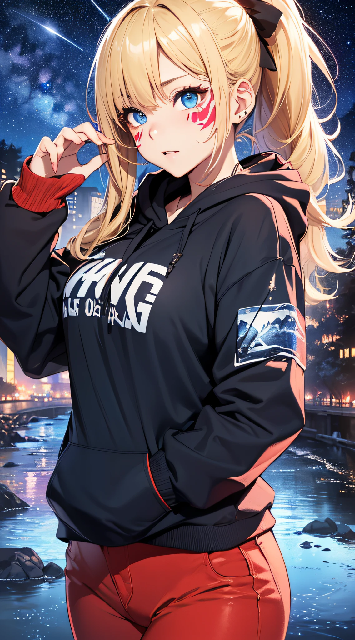 top-quality、Top image quality、masterpiece、girl with((18year old、Best Bust、big bast,Beautiful blue eyes、Breasts wide open, Blonde ponytail、A slender,Large valleys、Black hoodie、red and blue pants、 red heart face paint、sexypose、Seduction poses)),hiquality、Beautiful Art、Background with((Beautiful night sky、shooting stars、comets、stele々、river of stars)))、,masutepiece、visualart、depth of fields、