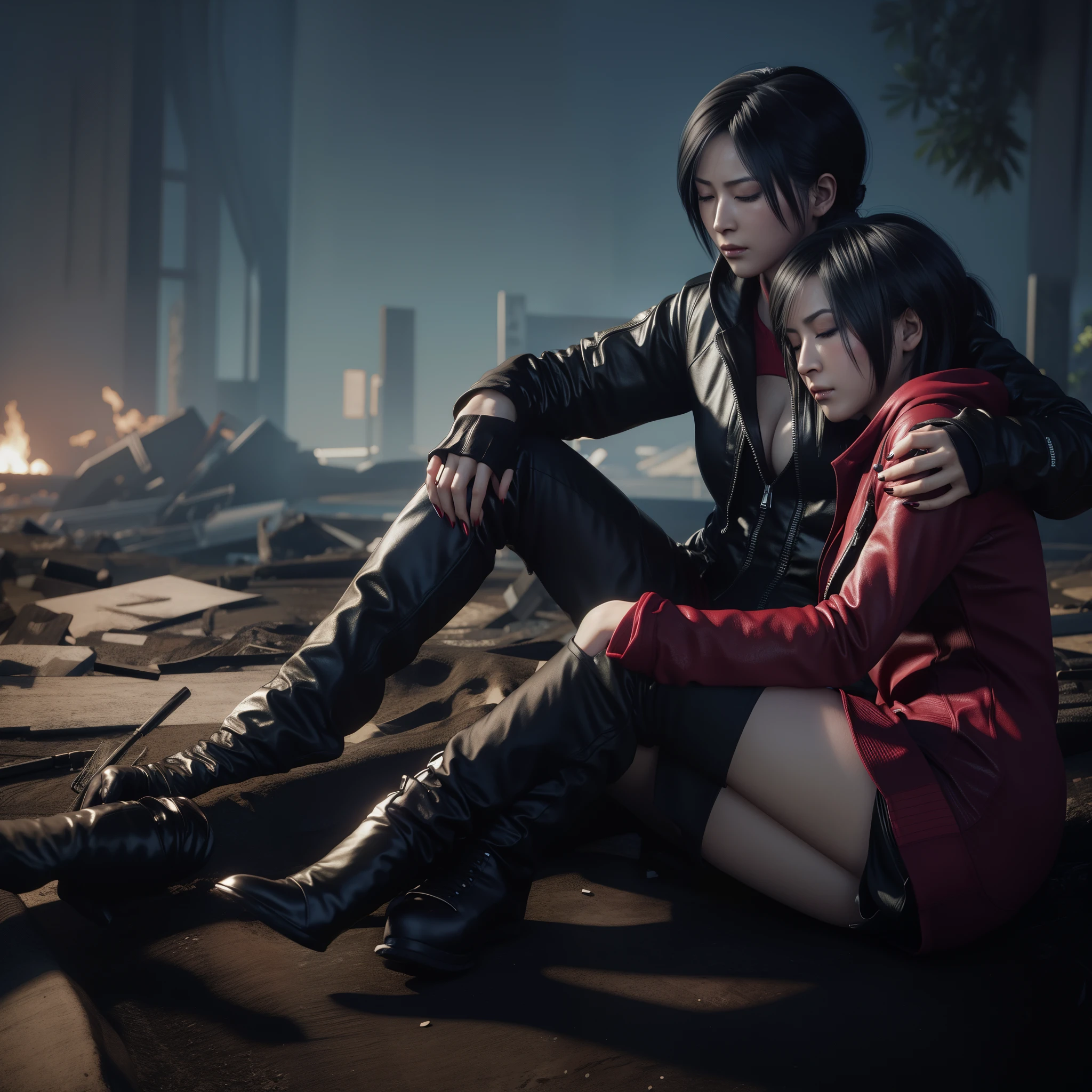 Woman, Ada wong, Eyes closed, wearing mini reddress with hoody, black nails polish, Tired